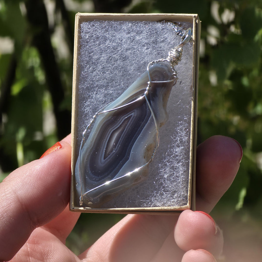 Wire Wrapped Grey Agate Necklace | Stainless Steel Crystal Necklace | Portal Agate Pendant | Natural Agate Jewelry