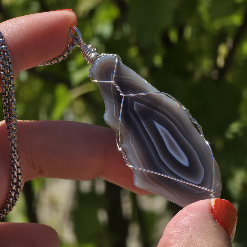 Wire Wrapped Grey Agate Necklace | Stainless Steel Crystal Necklace | Portal Agate Pendant | Natural Agate Jewelry