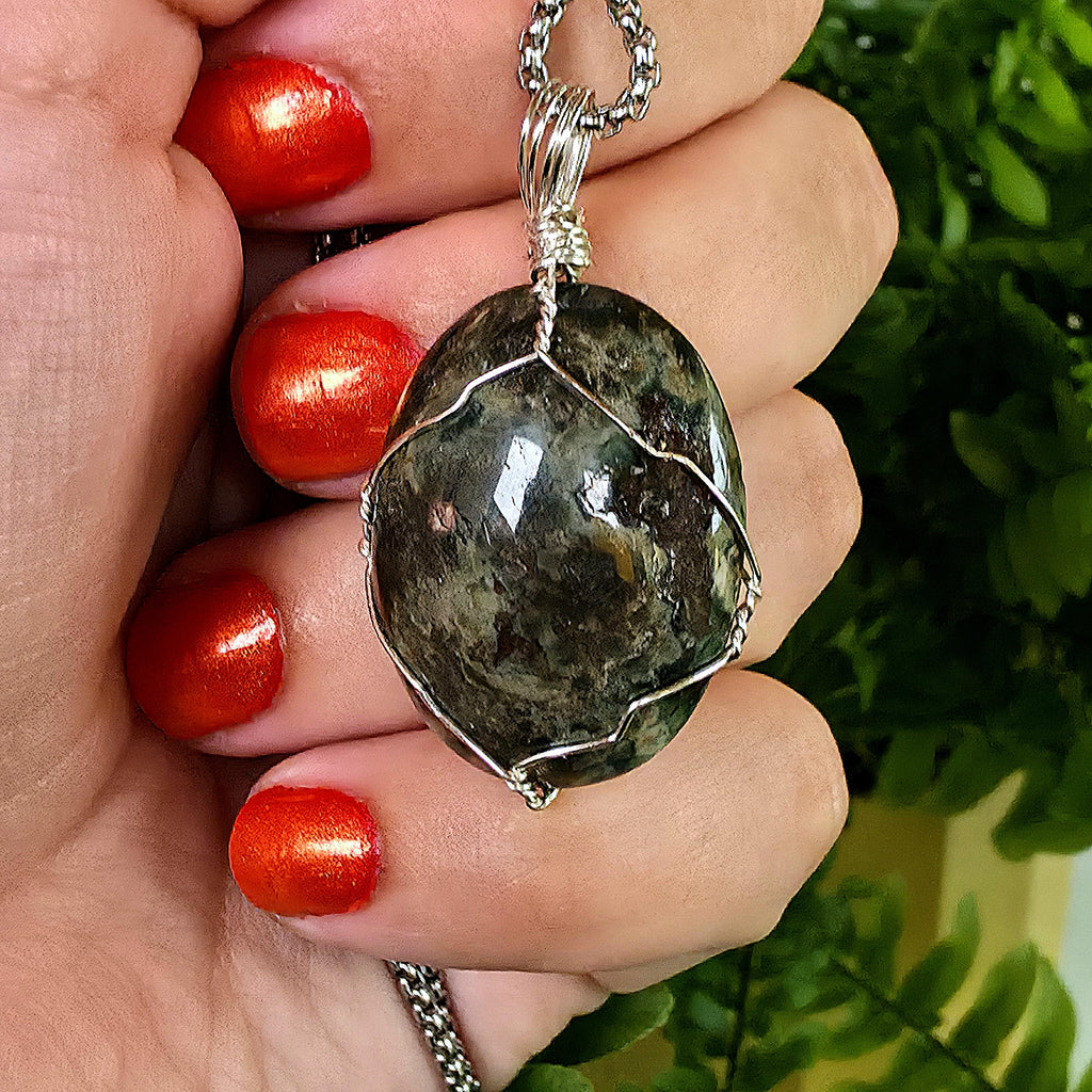 Ocean Jasper Necklace, Stainless Steel Wire Wrapped Pendant, Orbicular Jasper, Green Stone Jewelry