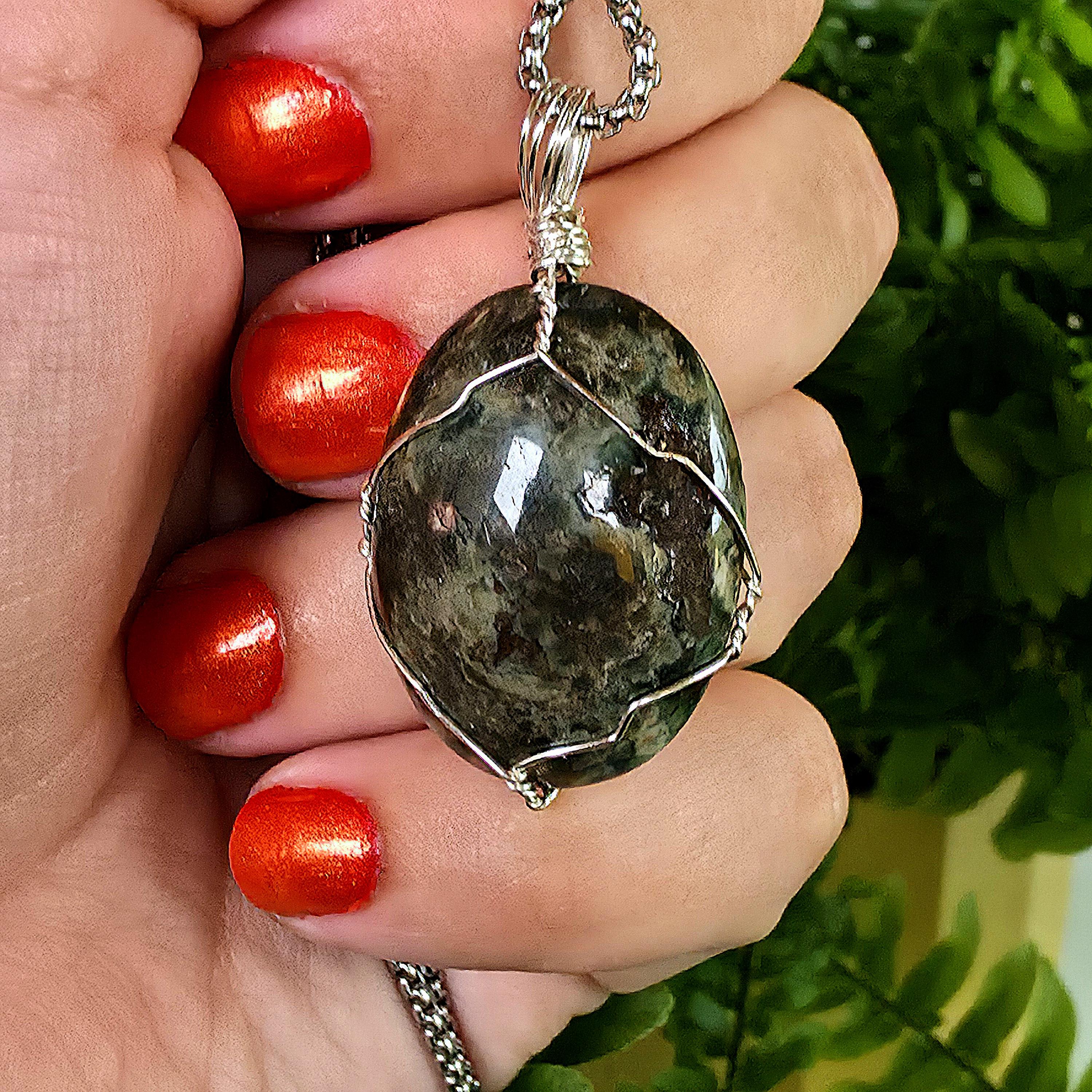 Ocean Jasper Necklace, Stainless Steel Wire Wrapped Pendant, Orbicular Jasper, Green Stone Jewelry