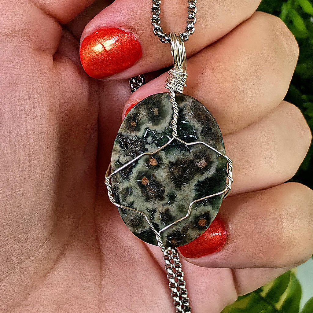 Ocean Jasper Necklace, Stainless Steel Wire Wrapped Pendant, Orbicular Jasper, Green Stone Jewelry