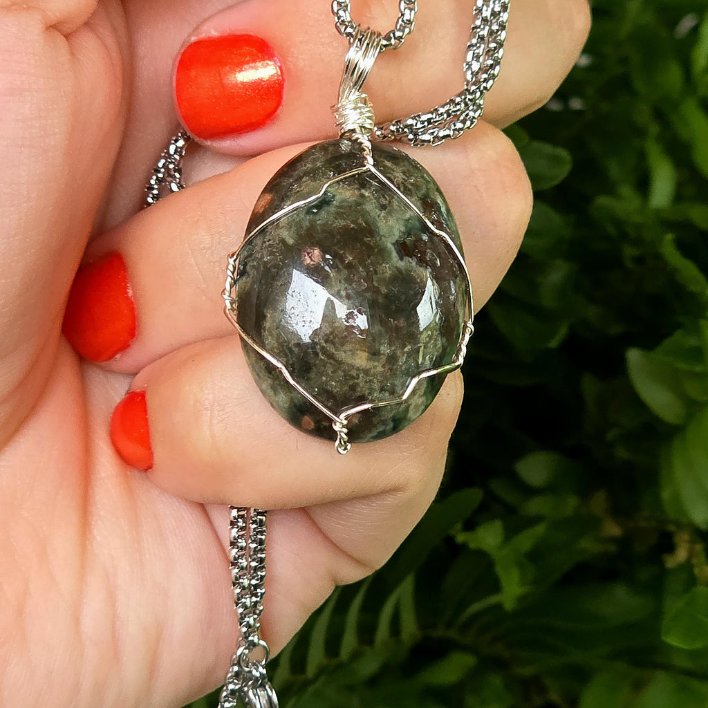 Ocean Jasper Necklace, Stainless Steel Wire Wrapped Pendant, Orbicular Jasper, Green Stone Jewelry