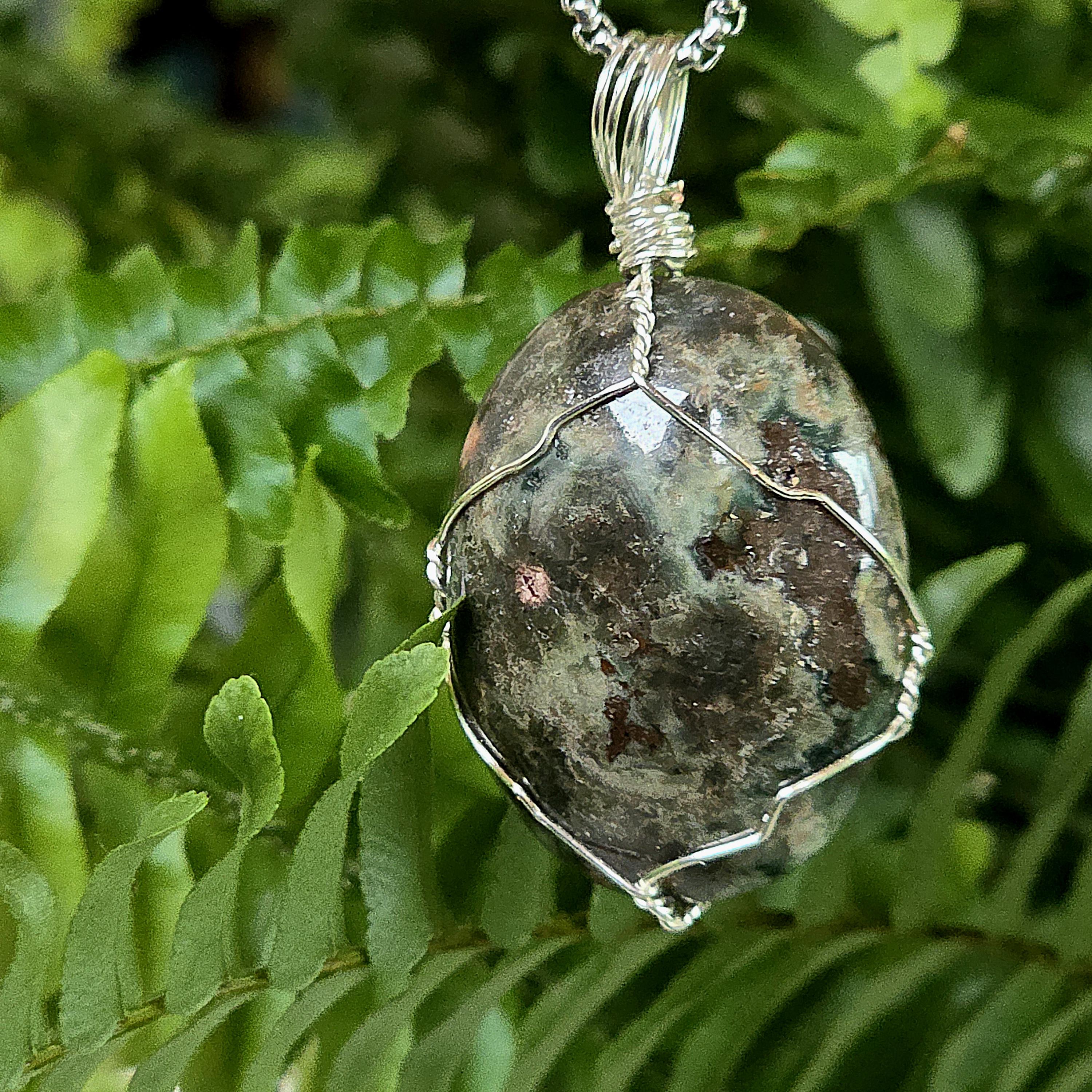 Ocean Jasper Necklace, Stainless Steel Wire Wrapped Pendant, Orbicular Jasper, Green Stone Jewelry