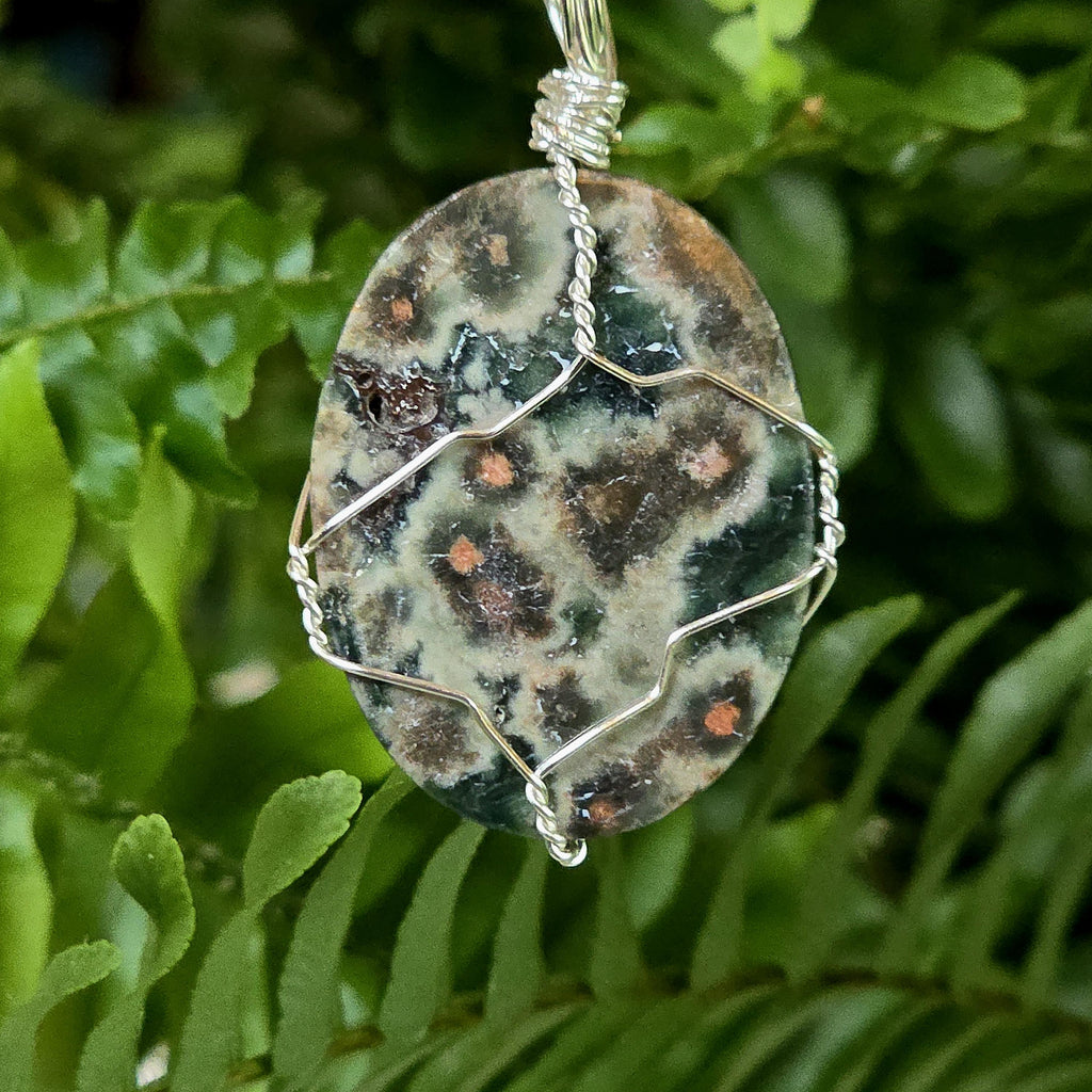 Ocean Jasper Necklace, Stainless Steel Wire Wrapped Pendant, Orbicular Jasper, Green Stone Jewelry