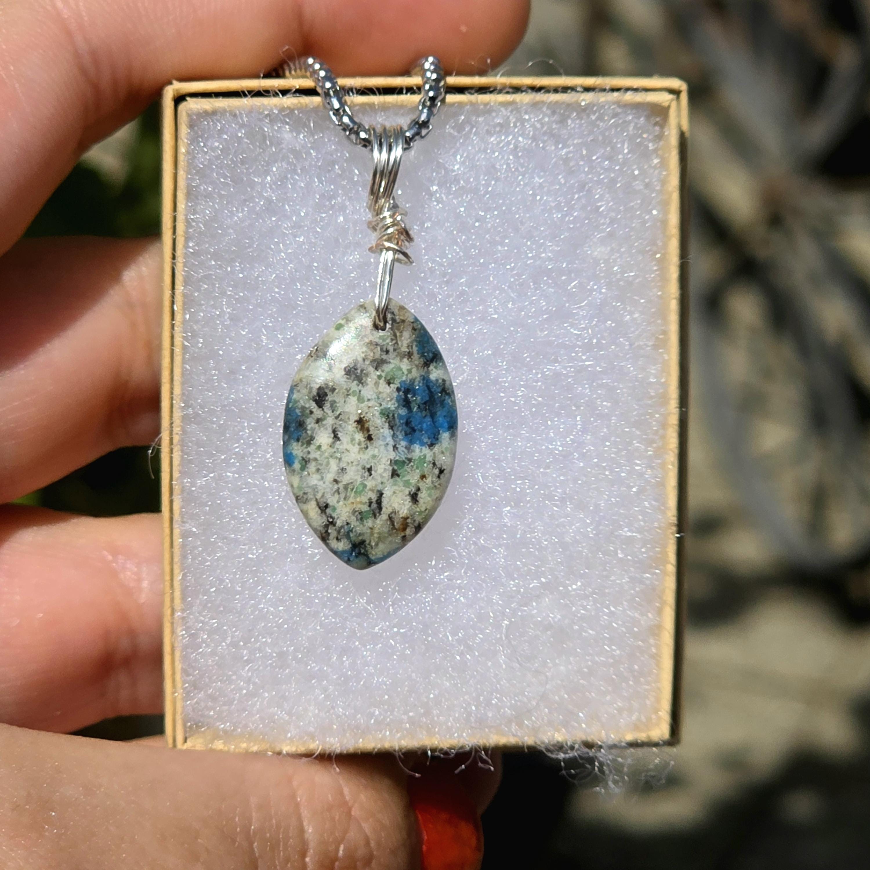 K2 Granite Azurite Pendant Necklace | Wire Wrapped Natural Stone Jewelry