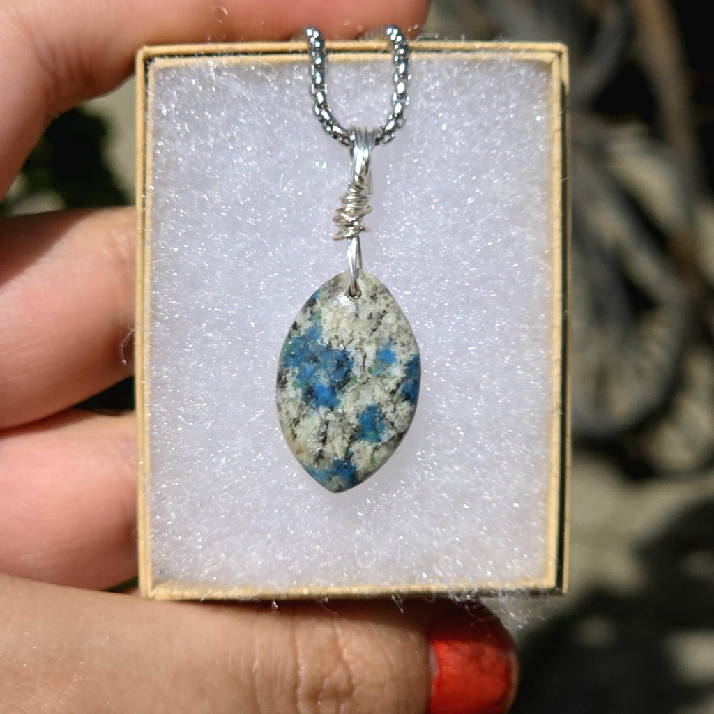 K2 Granite Azurite Pendant Necklace | Wire Wrapped Natural Stone Jewelry
