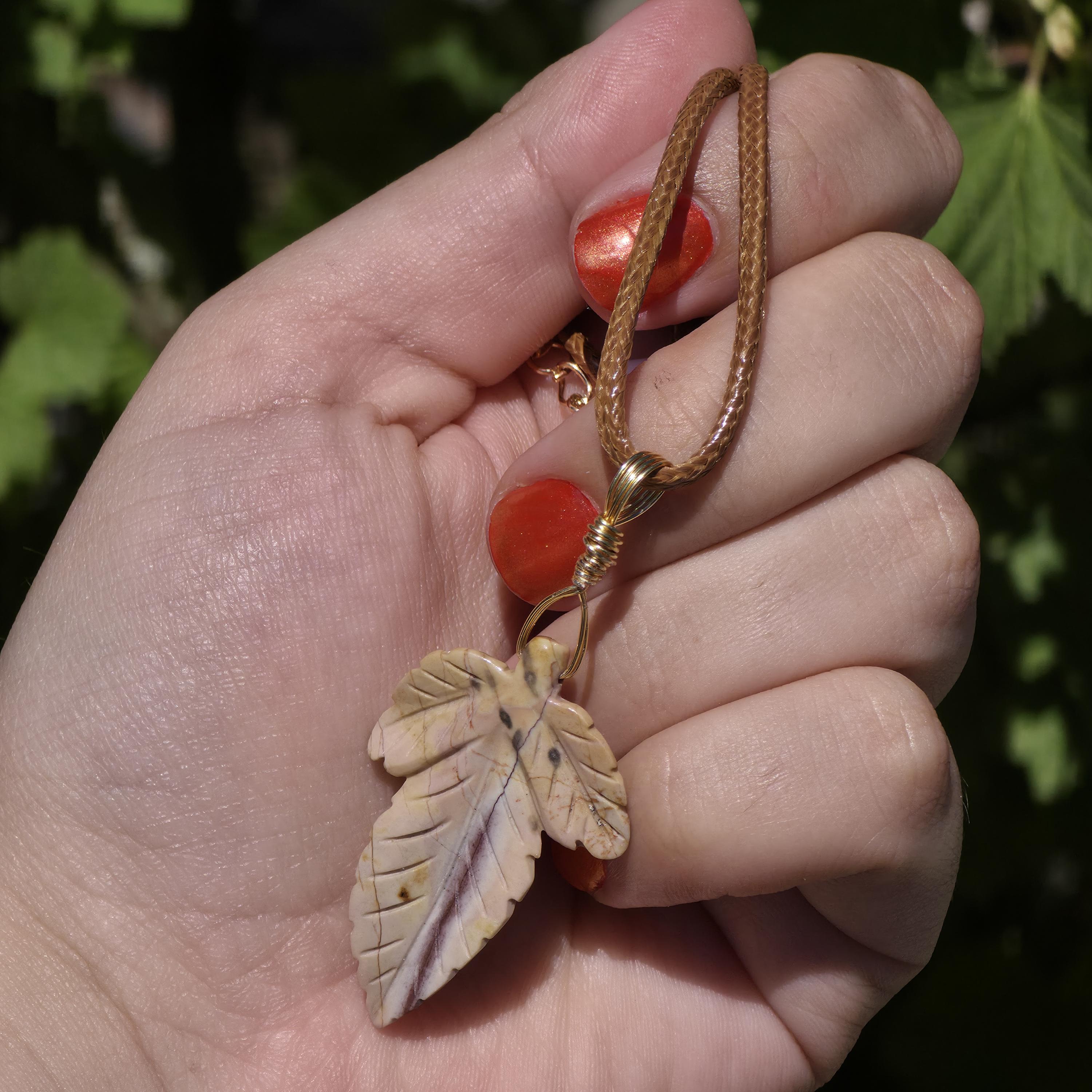 Polychrome Jasper Leaf Necklace | Carved Jasper Pendant | Earthy Crystal Jewelry | 20 Inch Cord