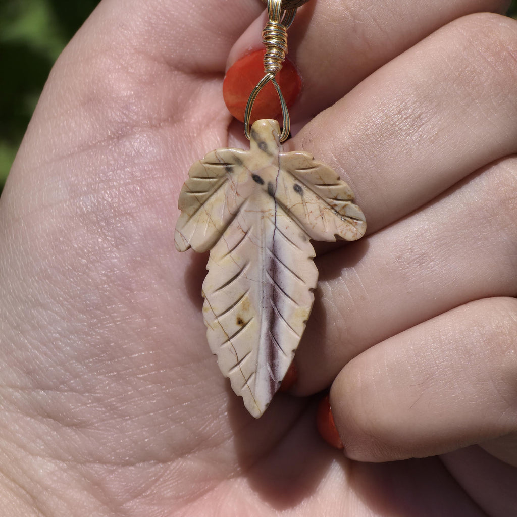 Polychrome Jasper Leaf Necklace | Carved Jasper Pendant | Earthy Crystal Jewelry | 20 Inch Cord