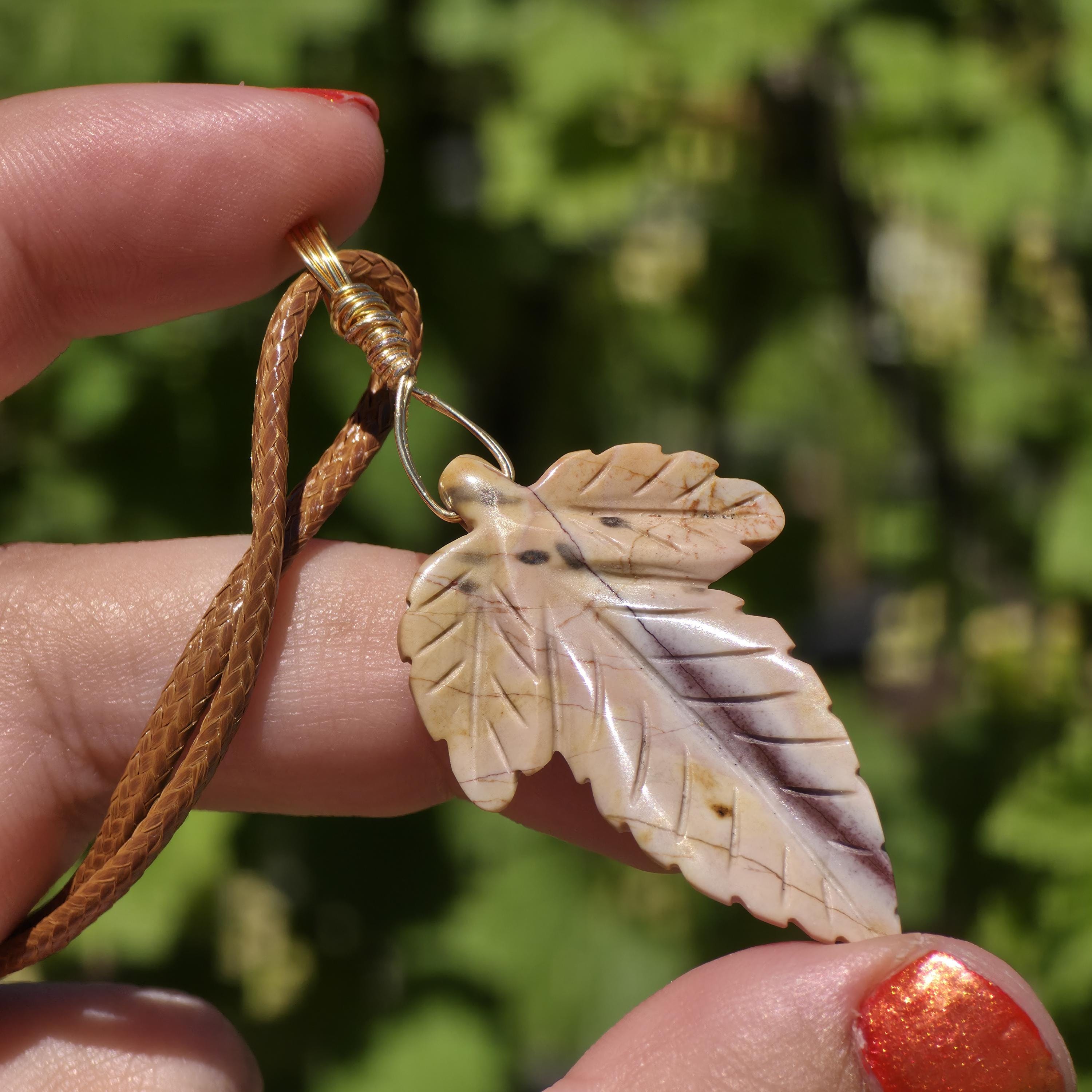 Polychrome Jasper Leaf Necklace | Carved Jasper Pendant | Earthy Crystal Jewelry | 20 Inch Cord