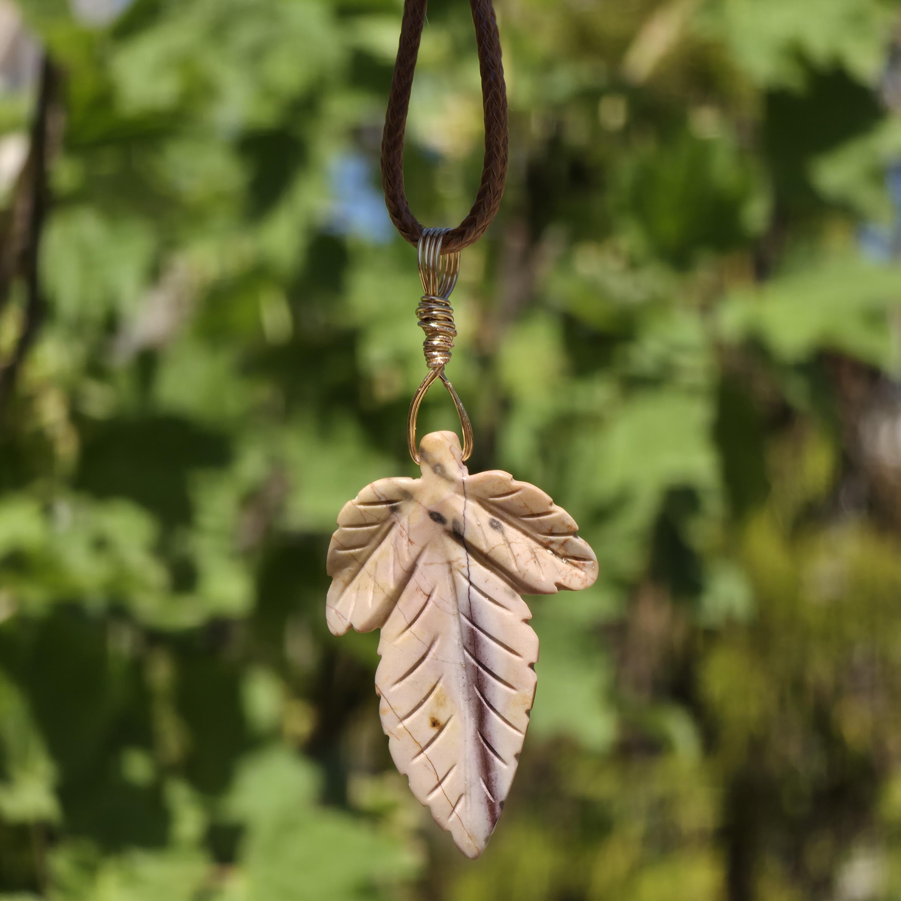 Polychrome Jasper Leaf Necklace | Carved Jasper Pendant | Earthy Crystal Jewelry | 20 Inch Cord