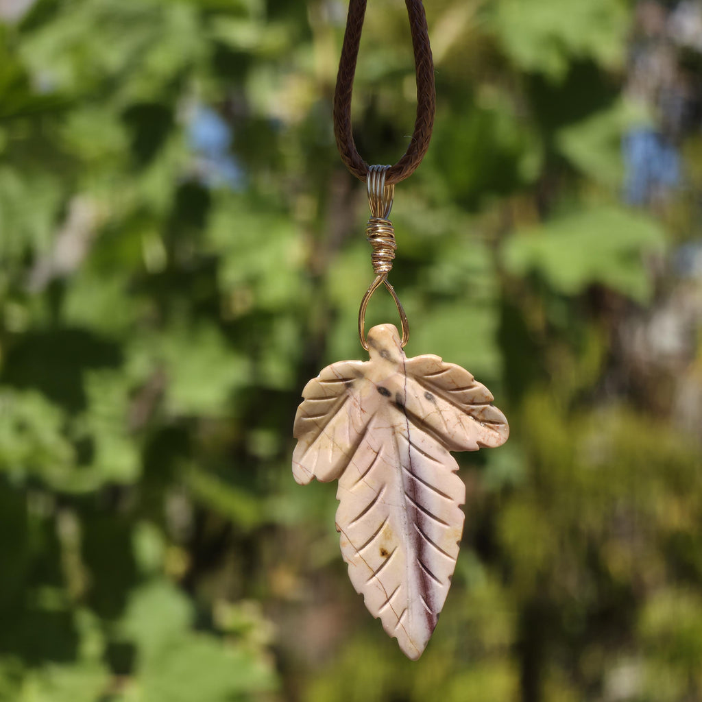 Polychrome Jasper Leaf Necklace | Carved Jasper Pendant | Earthy Crystal Jewelry | 20 Inch Cord