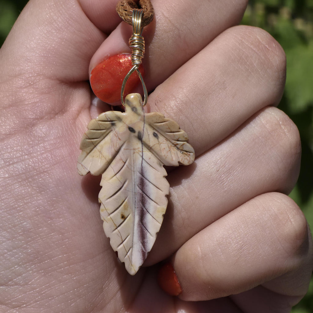 Polychrome Jasper Leaf Necklace | Carved Jasper Pendant | Earthy Crystal Jewelry | 20 Inch Cord