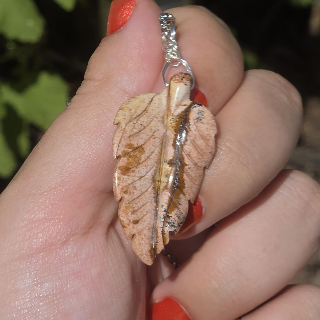 Polychrome Jasper Leaf Necklace | Carved Jasper Pendant | Earthy Crystal Jewelry | 20 Inch Cord