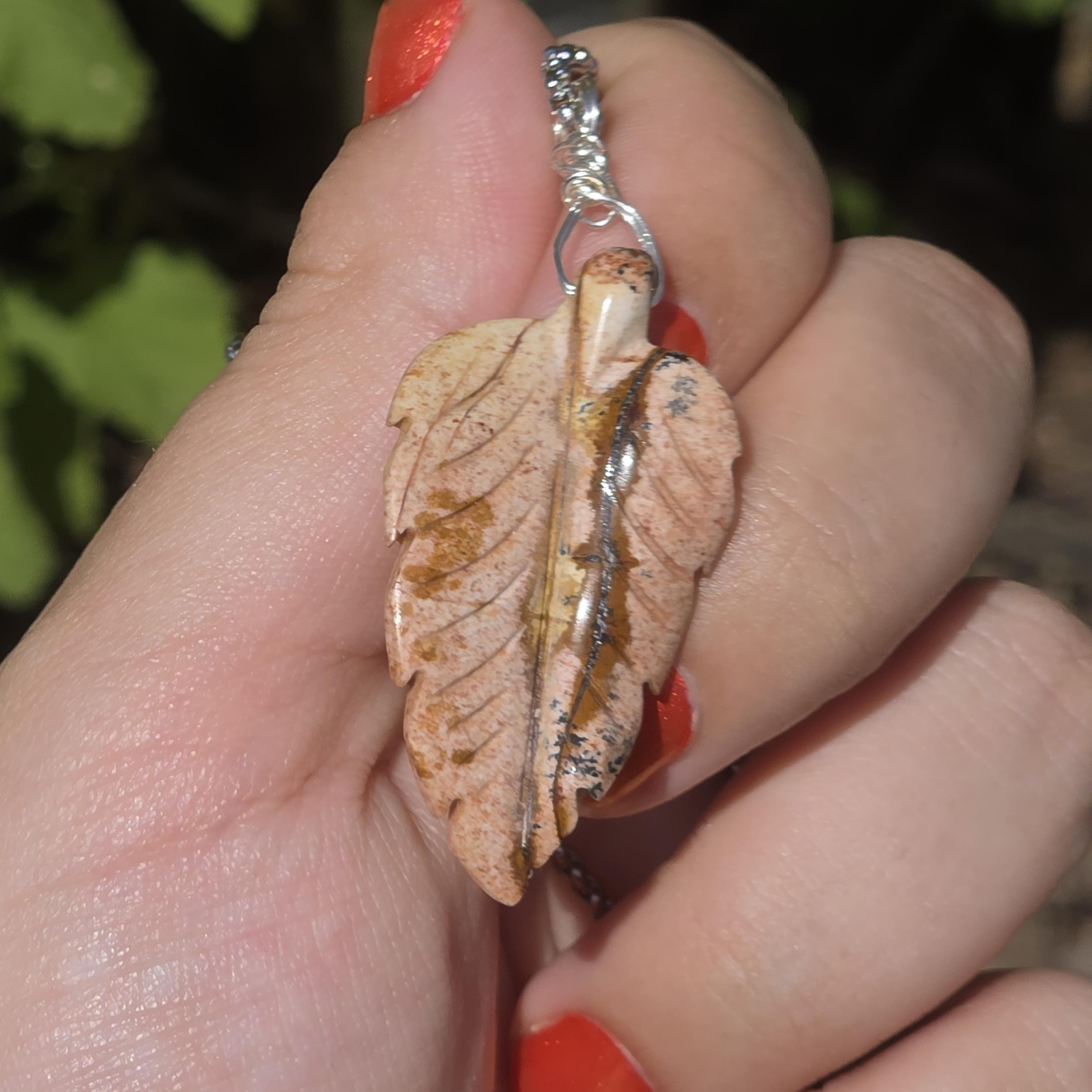 Polychrome Jasper Leaf Necklace | Carved Jasper Pendant | Earthy Crystal Jewelry | 20 Inch Cord
