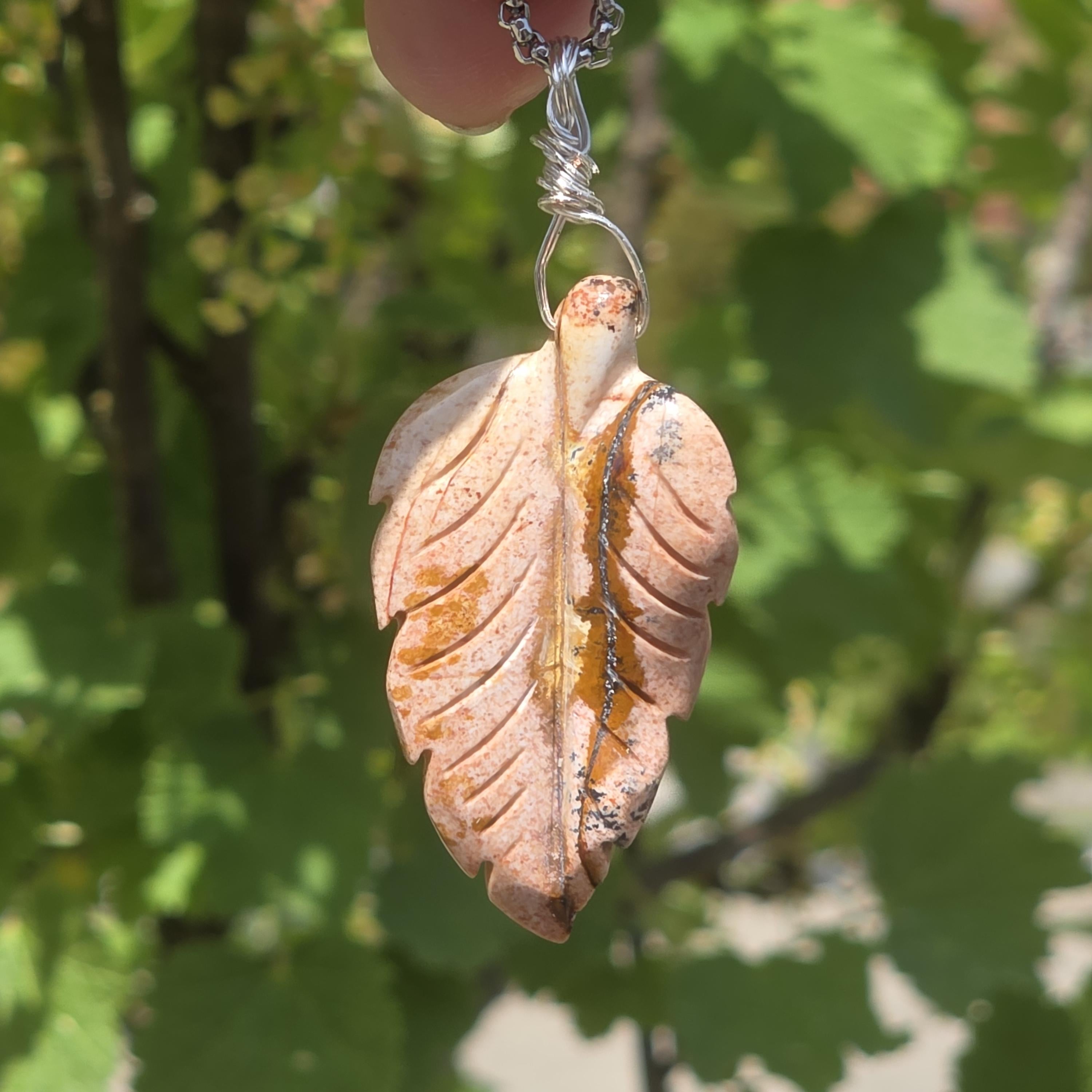 Polychrome Jasper Leaf Necklace | Carved Jasper Pendant | Earthy Crystal Jewelry | 20 Inch Cord