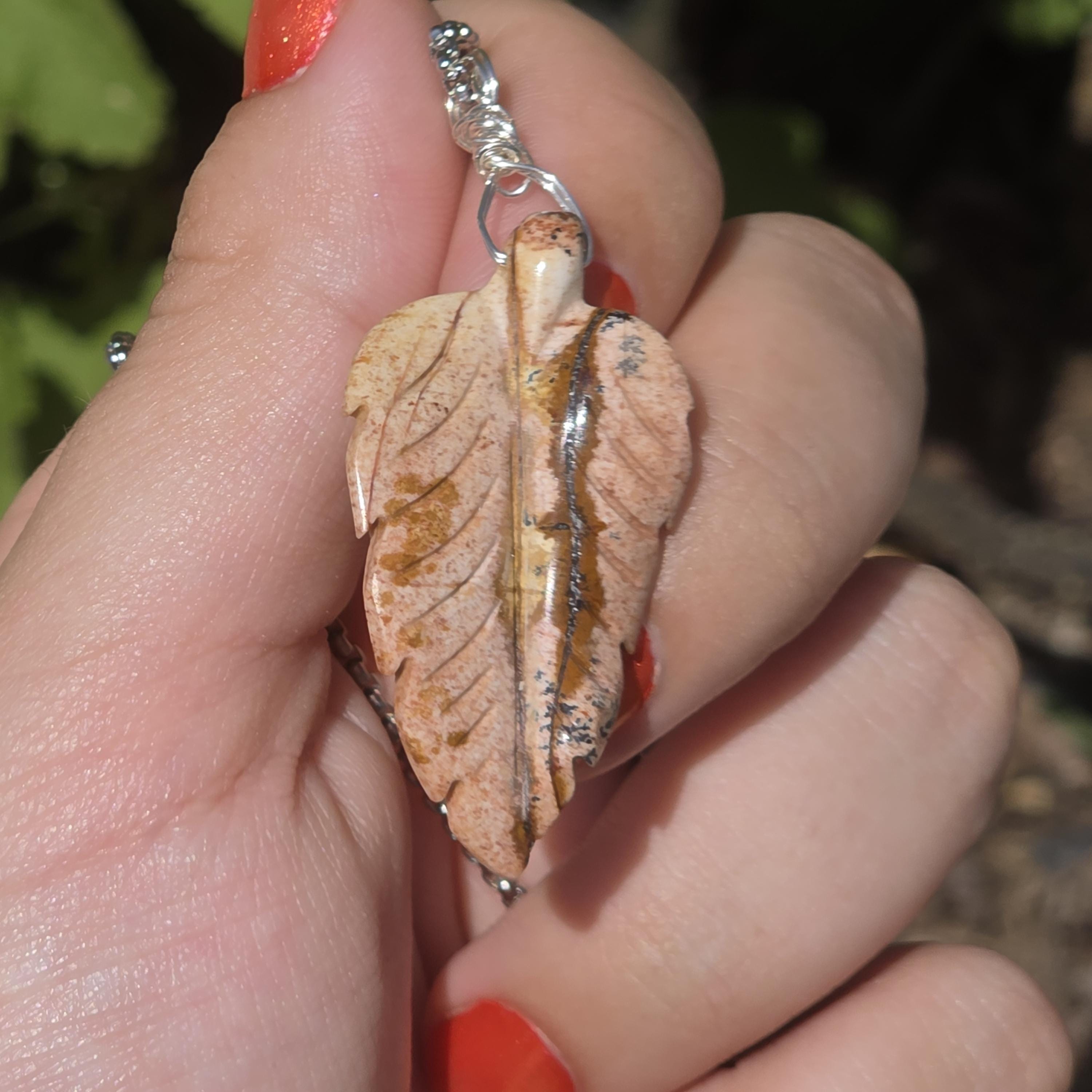 Polychrome Jasper Leaf Necklace | Carved Jasper Pendant | Earthy Crystal Jewelry | 20 Inch Cord