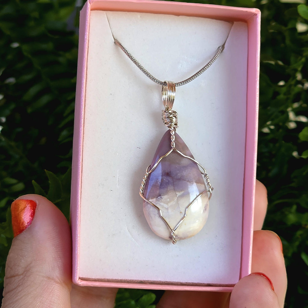 Authentic Utah Tiffany Stone Necklace | UV Reactive Crystal Pendant | Stainless Steel Wire Wrapped Jewelry