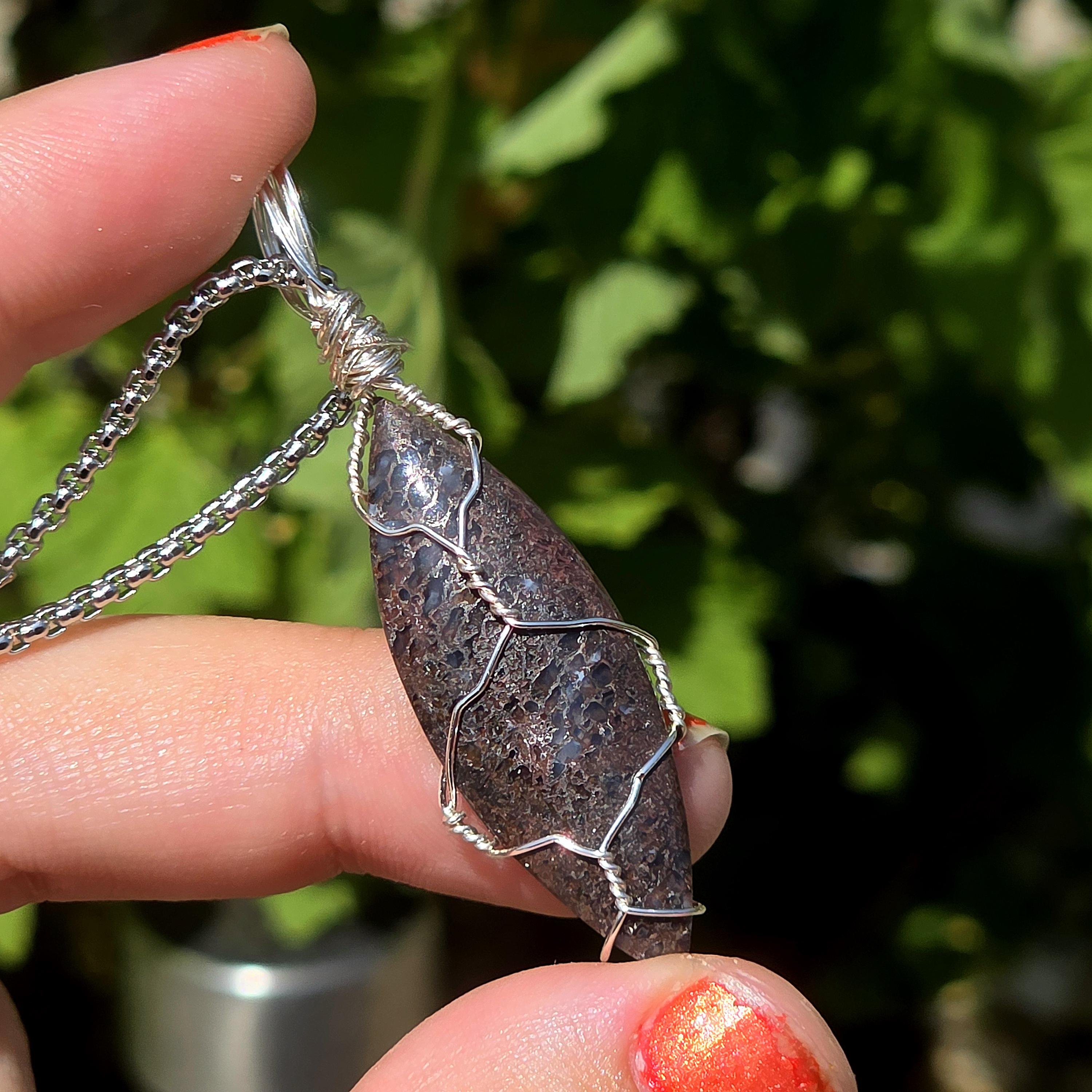 Dinosaur Bone Necklace | Fossil Cabochon Pendant | Polished Dino Bone | Stainless Steel Chain | Prehistoric Jewelry