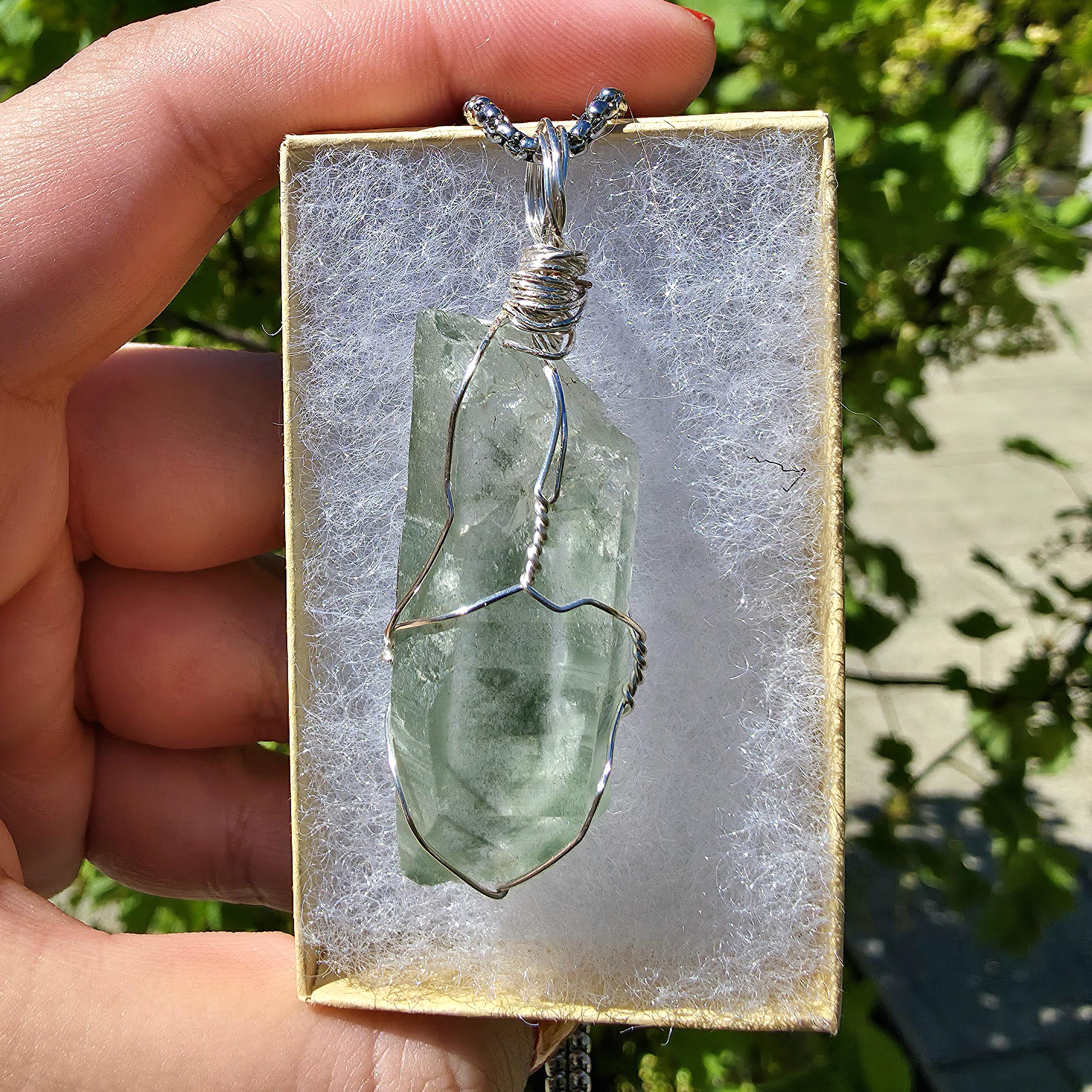 Himalayan Quartz Point Necklace | Chlorite Inclusions, High Altitude Crystal Pendant | Stainless Steel Chain