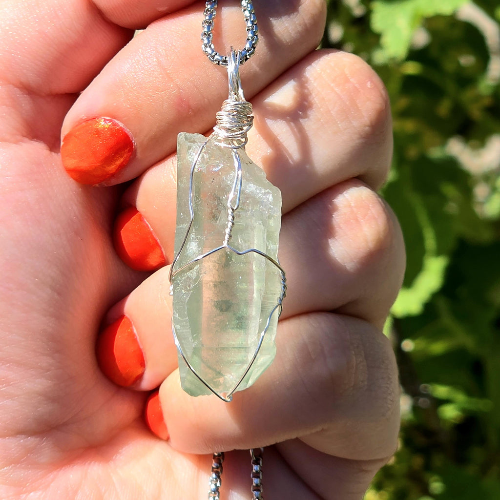 Himalayan Quartz Point Necklace | Chlorite Inclusions, High Altitude Crystal Pendant | Stainless Steel Chain