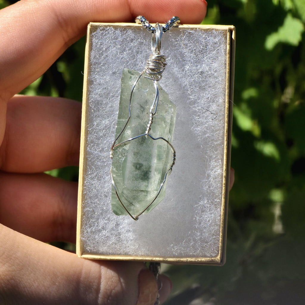 Himalayan Quartz Point Necklace | Chlorite Inclusions, High Altitude Crystal Pendant | Stainless Steel Chain
