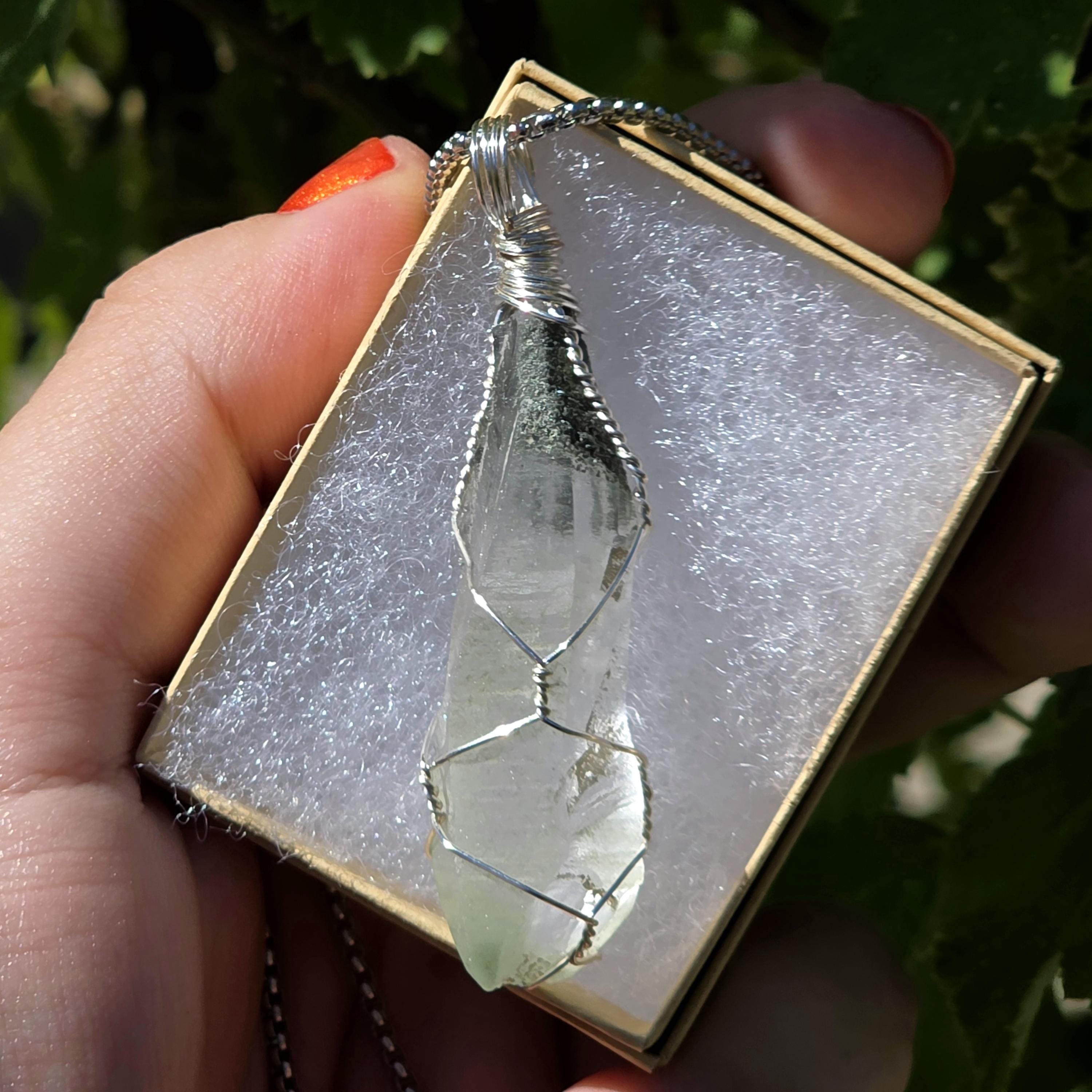 Himalayan Quartz Point Necklace | Chlorite Inclusions, High Altitude Crystal Pendant | Stainless Steel Chain