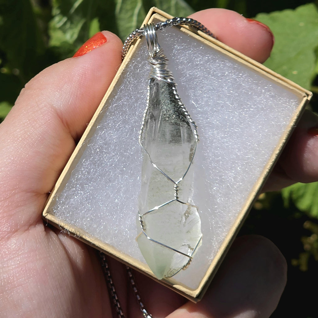 Himalayan Quartz Point Necklace | Chlorite Inclusions, High Altitude Crystal Pendant | Stainless Steel Chain