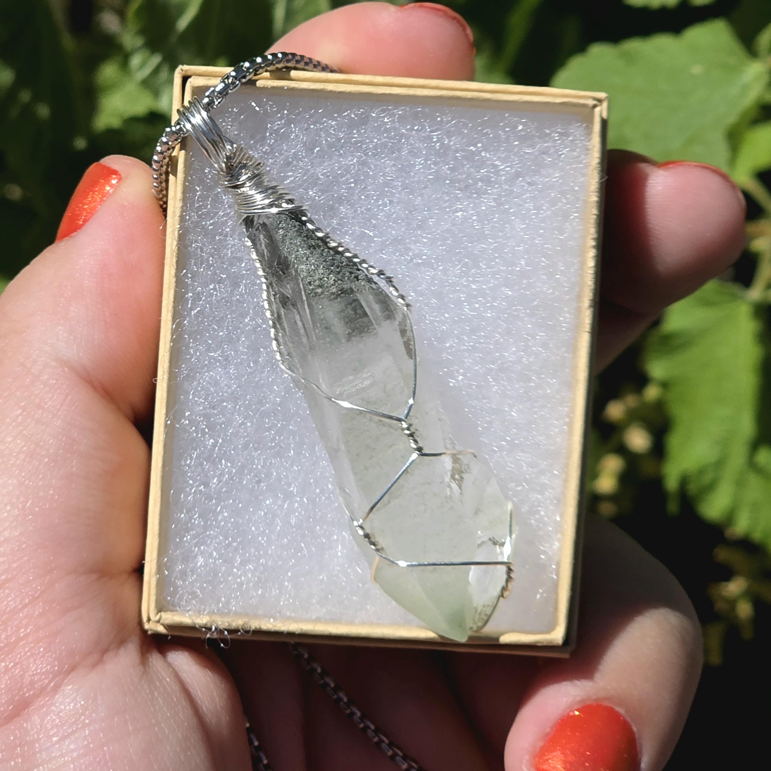 Himalayan Quartz Point Necklace | Chlorite Inclusions, High Altitude Crystal Pendant | Stainless Steel Chain
