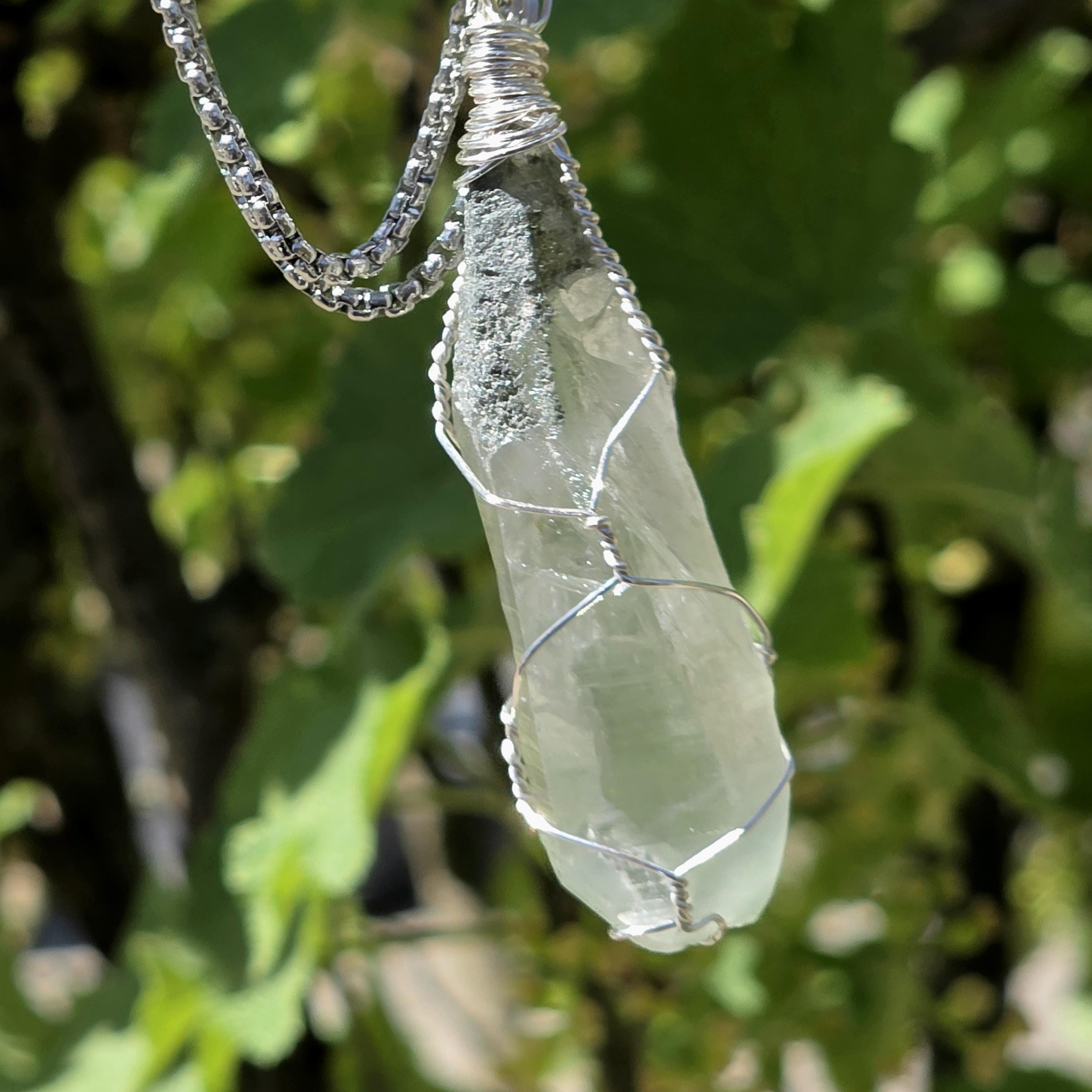 Himalayan Quartz Point Necklace | Chlorite Inclusions, High Altitude Crystal Pendant | Stainless Steel Chain