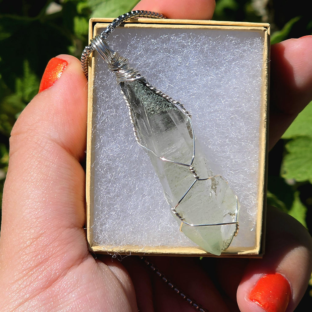 Himalayan Quartz Point Necklace | Chlorite Inclusions, High Altitude Crystal Pendant | Stainless Steel Chain