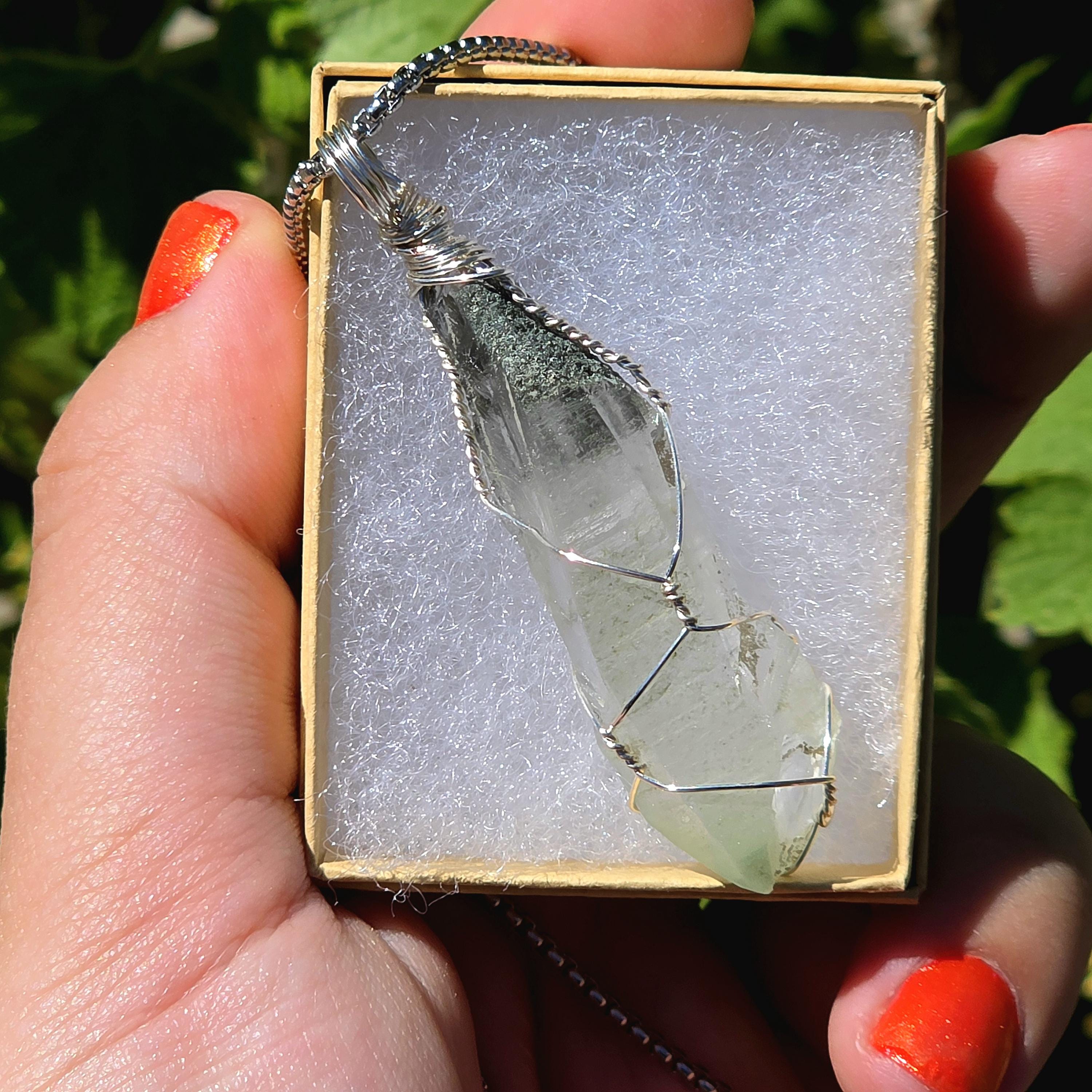 Himalayan Quartz Point Necklace | Chlorite Inclusions, High Altitude Crystal Pendant | Stainless Steel Chain