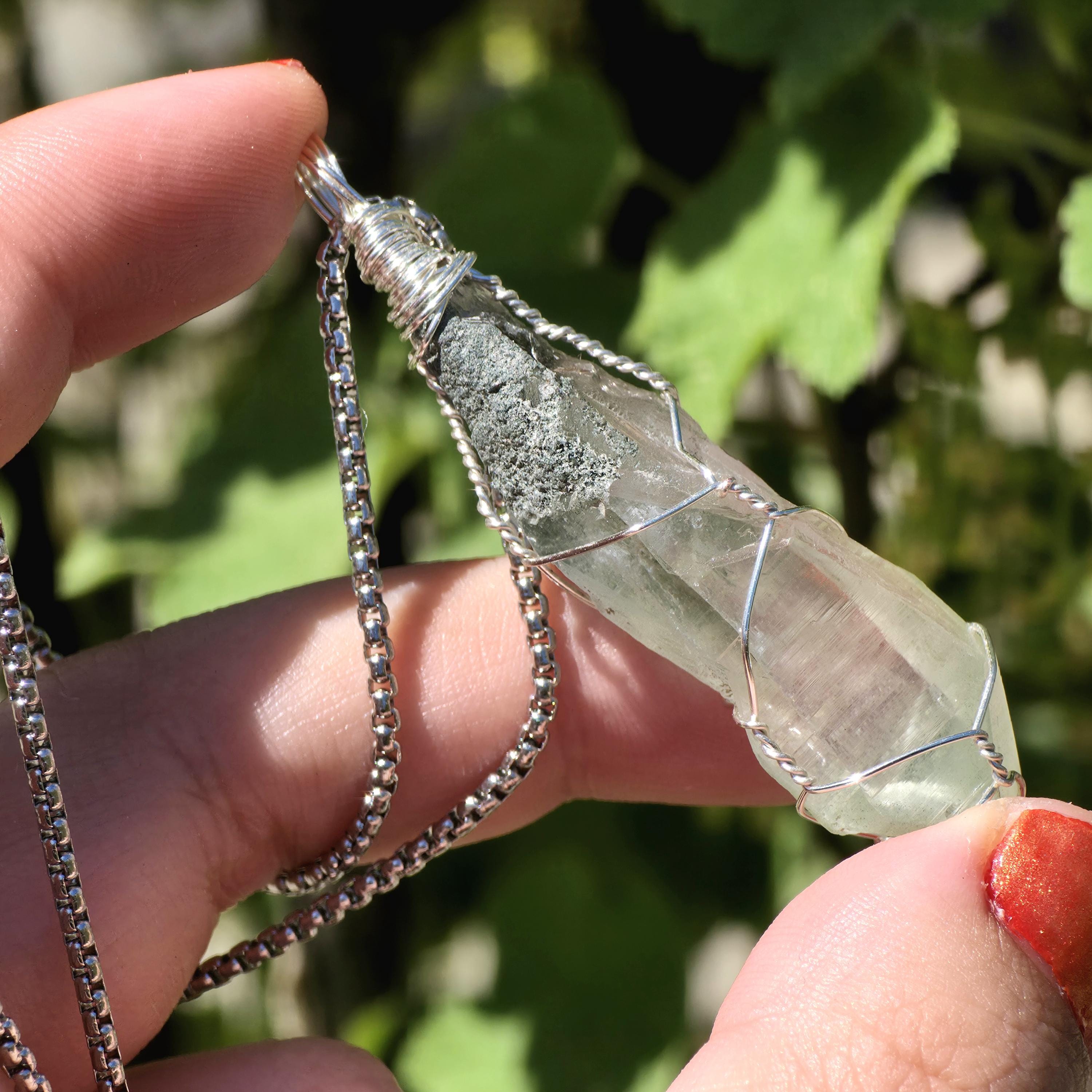 Himalayan Quartz Point Necklace | Chlorite Inclusions, High Altitude Crystal Pendant | Stainless Steel Chain