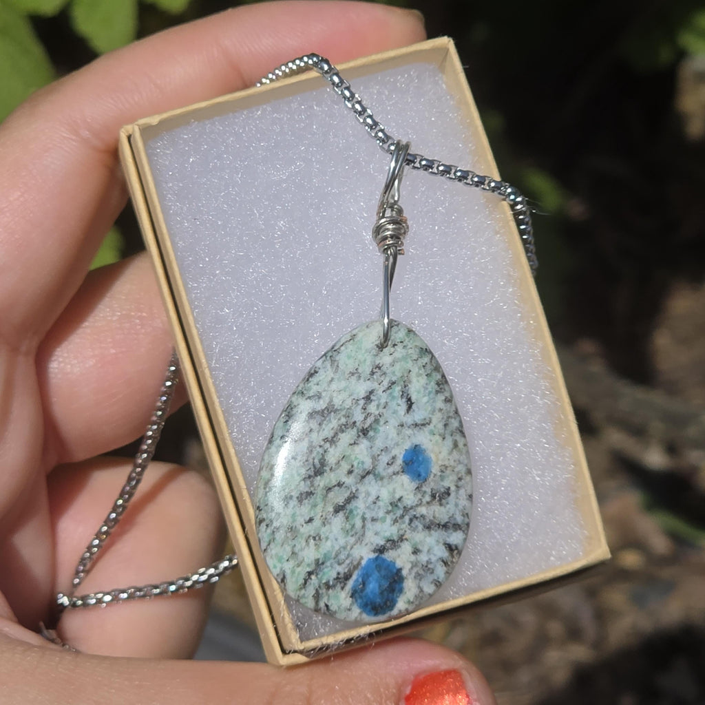 K2 Wire Wrapped Necklace | Azurite in Granite Pendant | Stainless Steel Crystal Necklace | Natural K2 Stone Jewelry