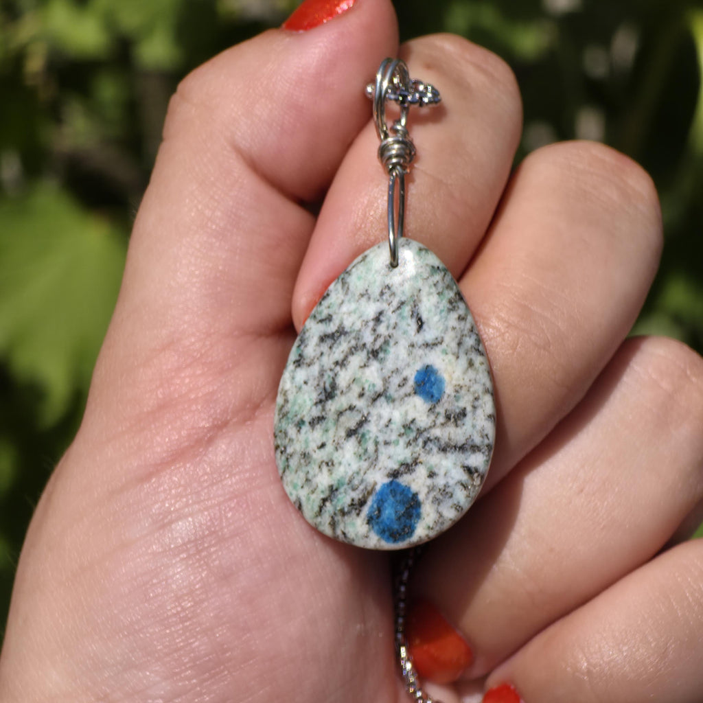 K2 Wire Wrapped Necklace | Azurite in Granite Pendant | Stainless Steel Crystal Necklace | Natural K2 Stone Jewelry