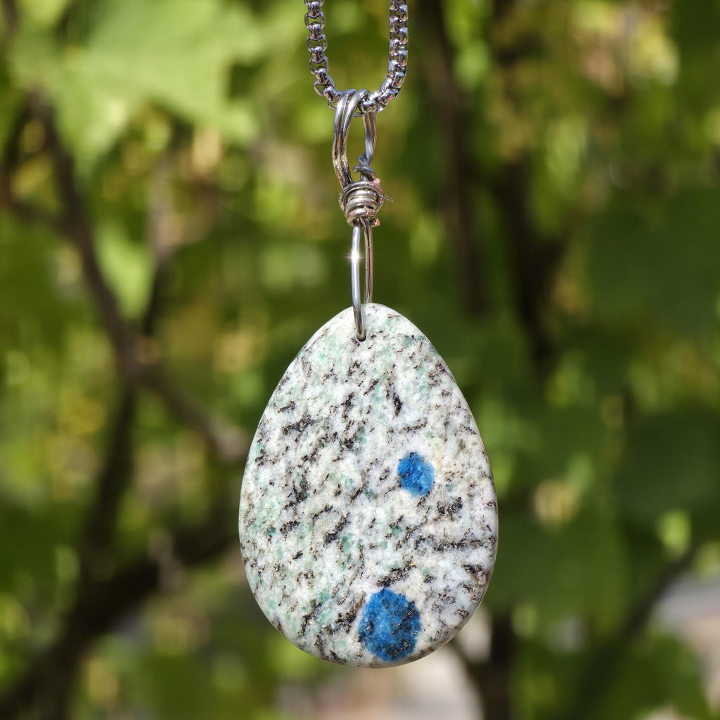 K2 Wire Wrapped Necklace | Azurite in Granite Pendant | Stainless Steel Crystal Necklace | Natural K2 Stone Jewelry