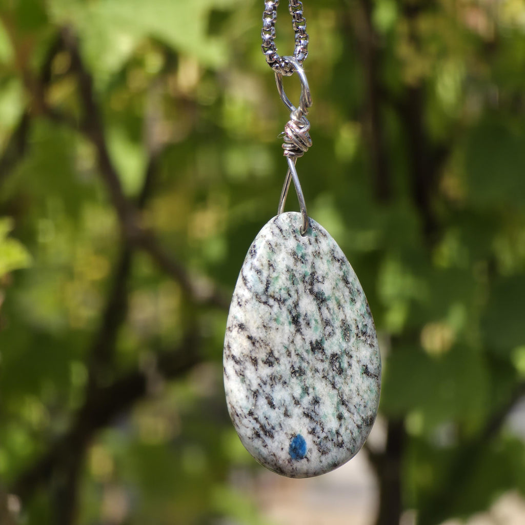 K2 Wire Wrapped Necklace | Azurite in Granite Pendant | Stainless Steel Crystal Necklace | Natural K2 Stone Jewelry