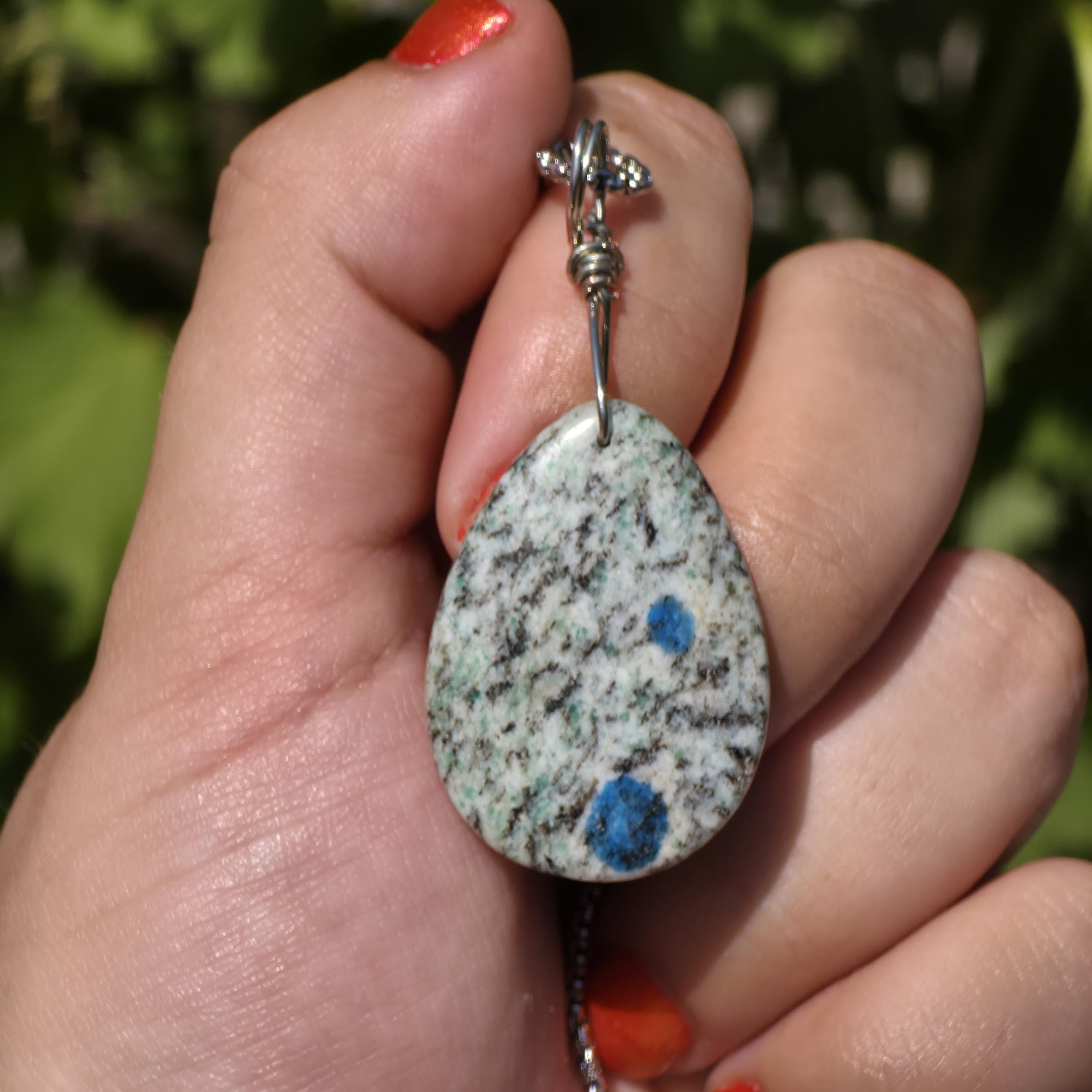 K2 Wire Wrapped Necklace | Azurite in Granite Pendant | Stainless Steel Crystal Necklace | Natural K2 Stone Jewelry