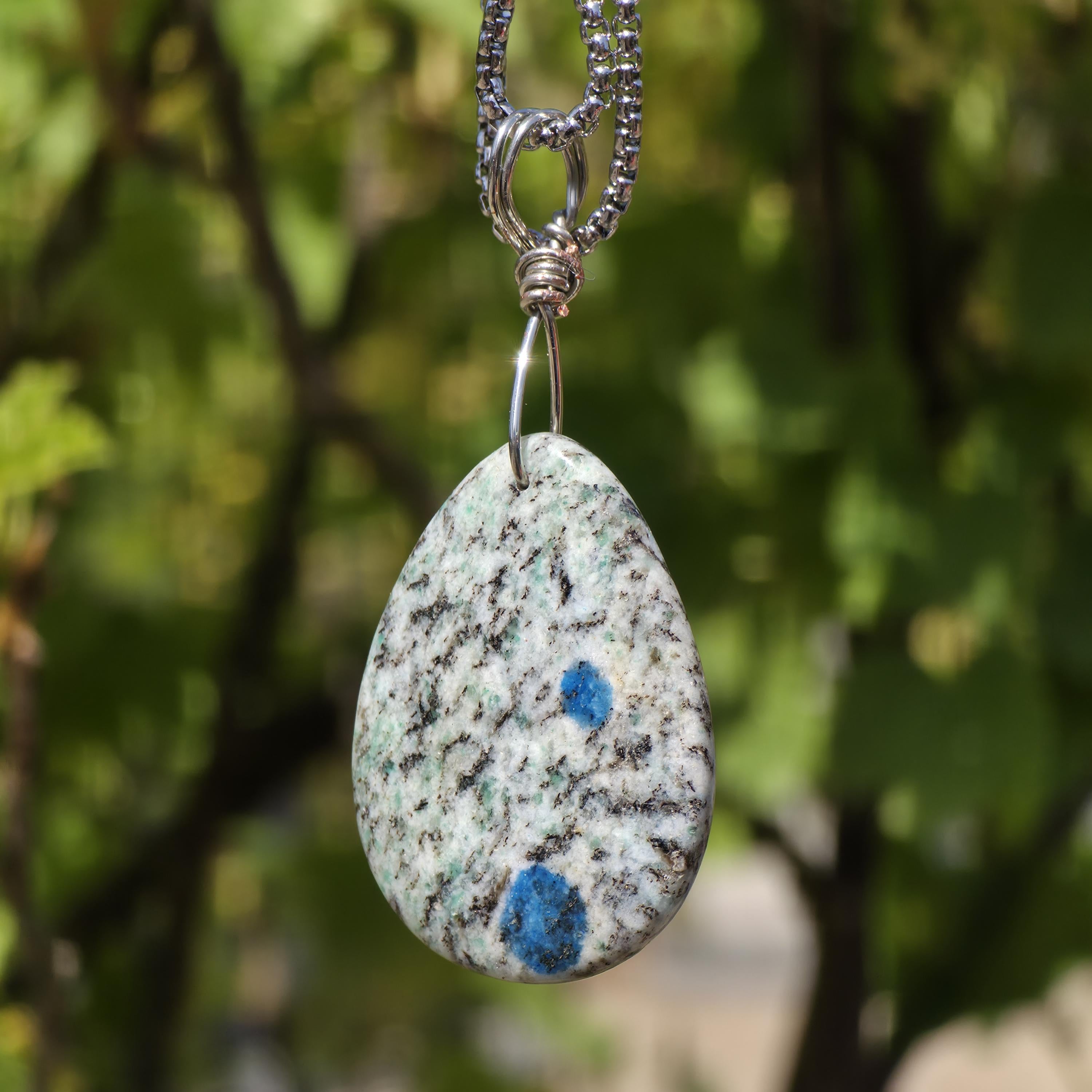 K2 Wire Wrapped Necklace | Azurite in Granite Pendant | Stainless Steel Crystal Necklace | Natural K2 Stone Jewelry