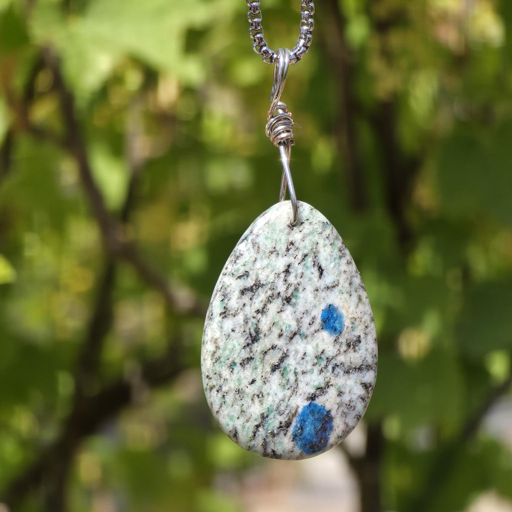 K2 Wire Wrapped Necklace | Azurite in Granite Pendant | Stainless Steel Crystal Necklace | Natural K2 Stone Jewelry