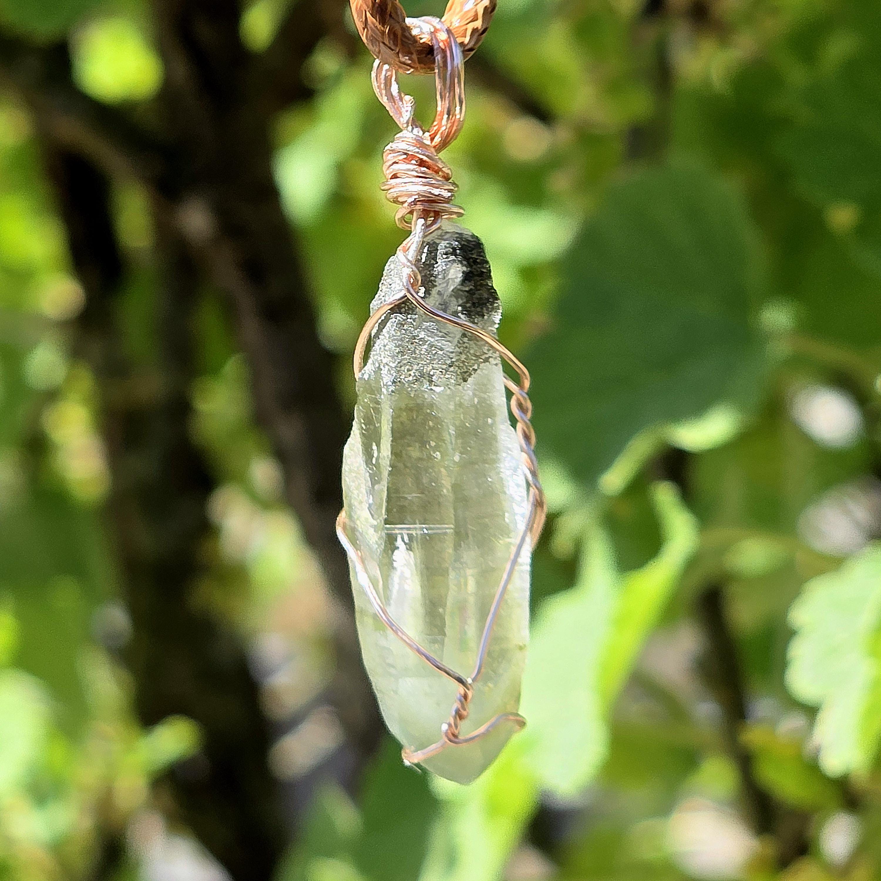 Himalayan Quartz Point Necklace | Chlorite Inclusions, High Altitude Crystal Pendant | Wax Cord Chain