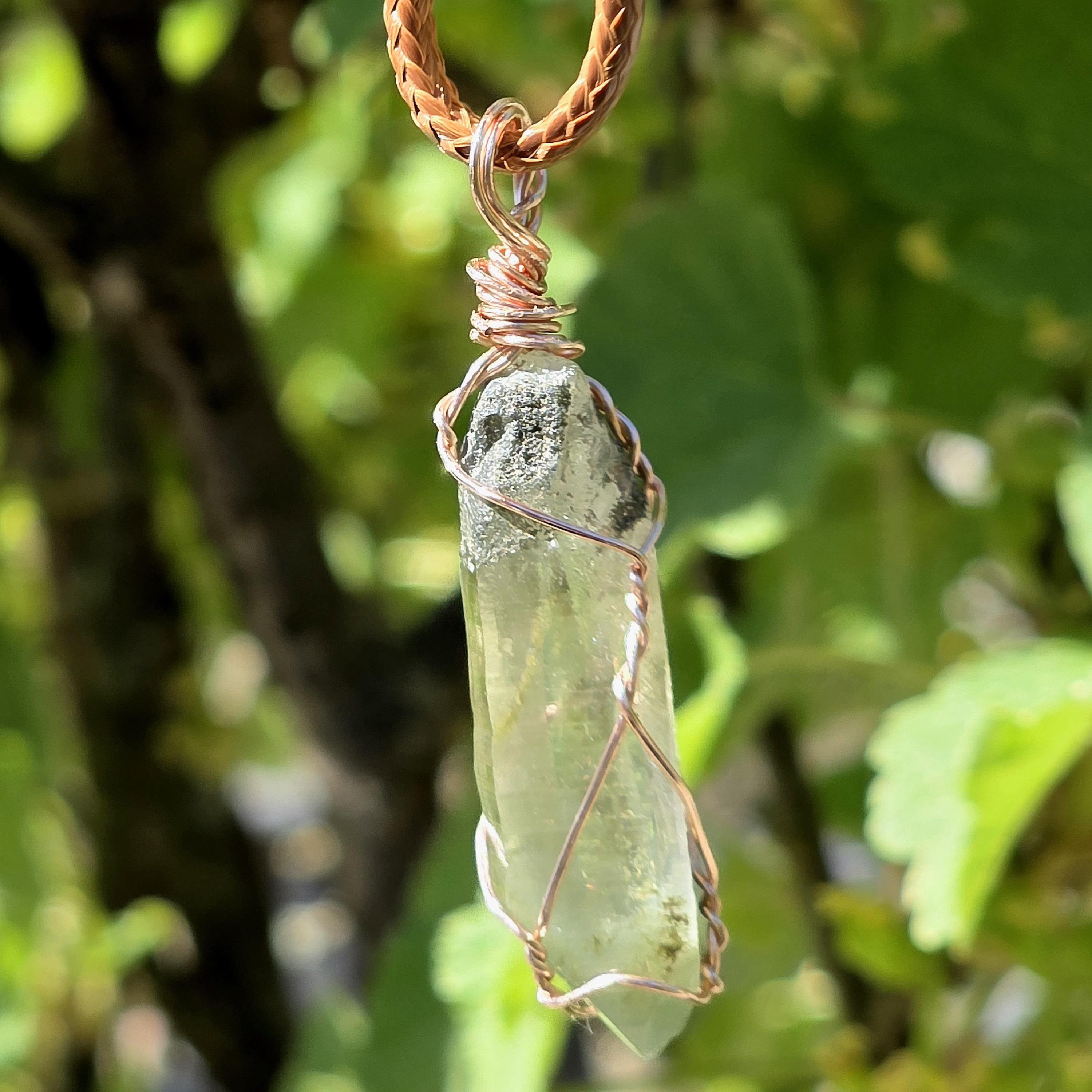 Himalayan Quartz Point Necklace | Chlorite Inclusions, High Altitude Crystal Pendant | Wax Cord Chain