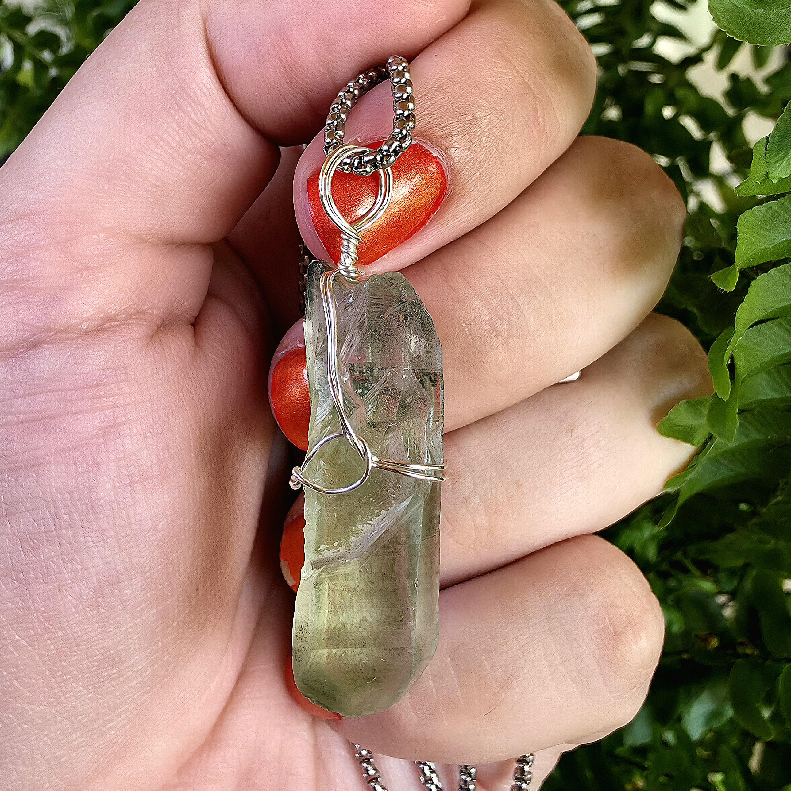 Himalayan Quartz Point Necklace | Chlorite Included Crystal | High Altitude Quartz Pendant | Stainless Steel Chain Jewelry