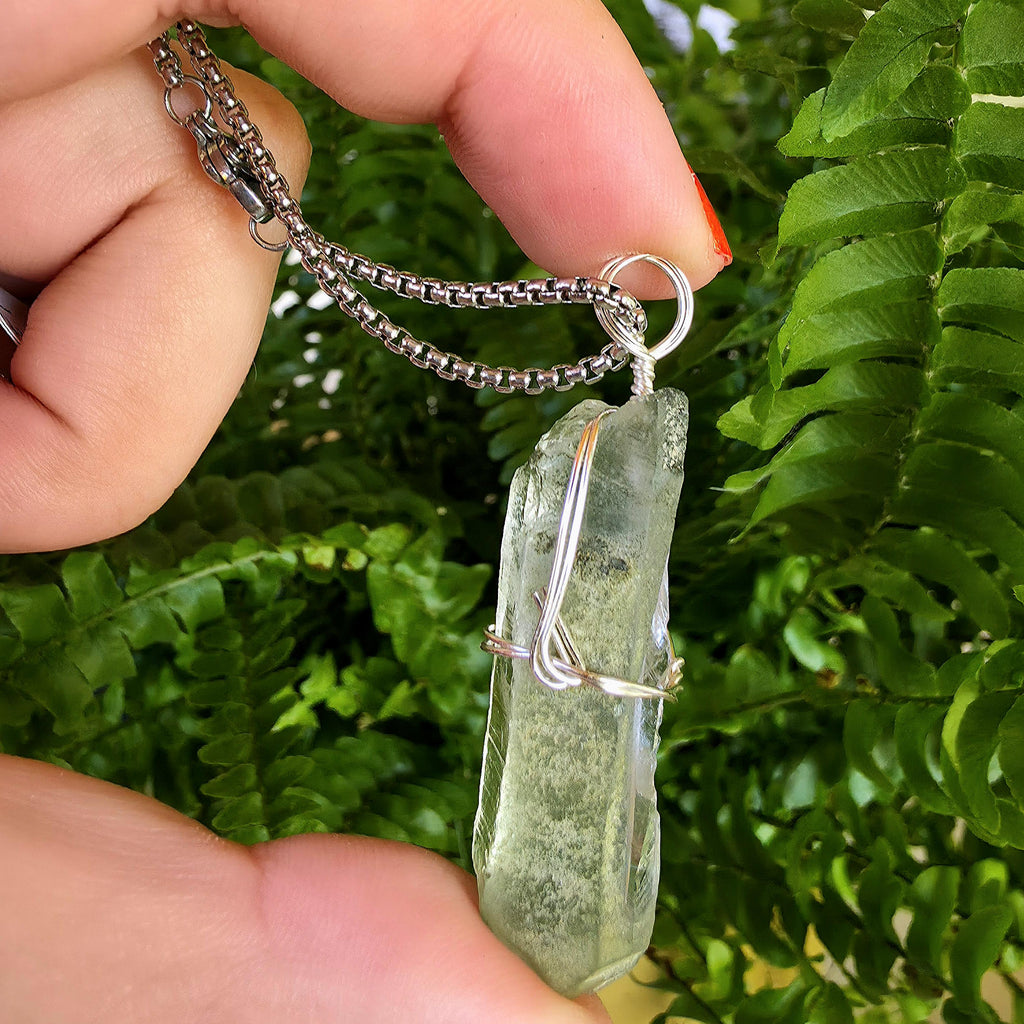 Himalayan Quartz Point Necklace | Chlorite Included Crystal | High Altitude Quartz Pendant | Stainless Steel Chain Jewelry