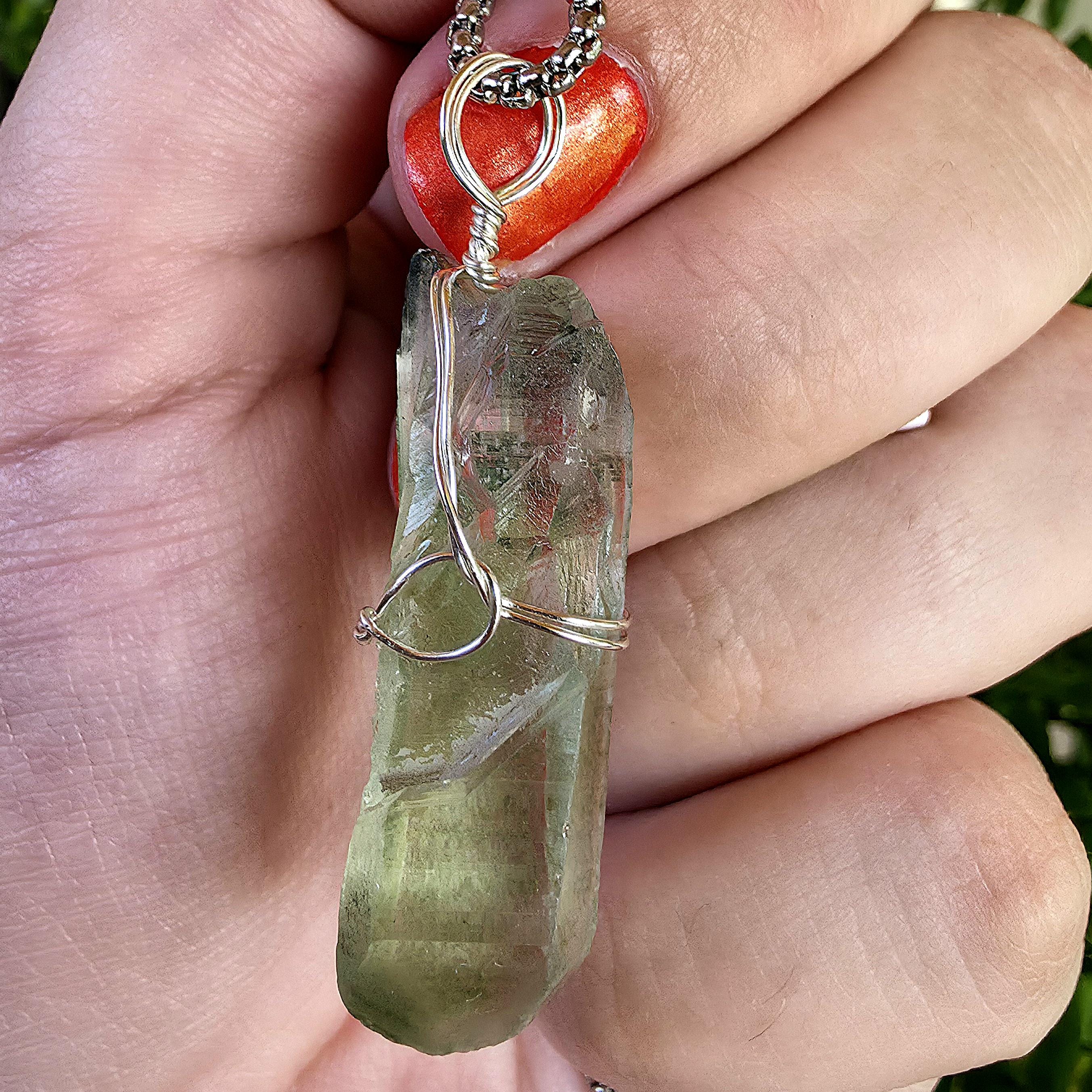 Himalayan Quartz Point Necklace | Chlorite Included Crystal | High Altitude Quartz Pendant | Stainless Steel Chain Jewelry