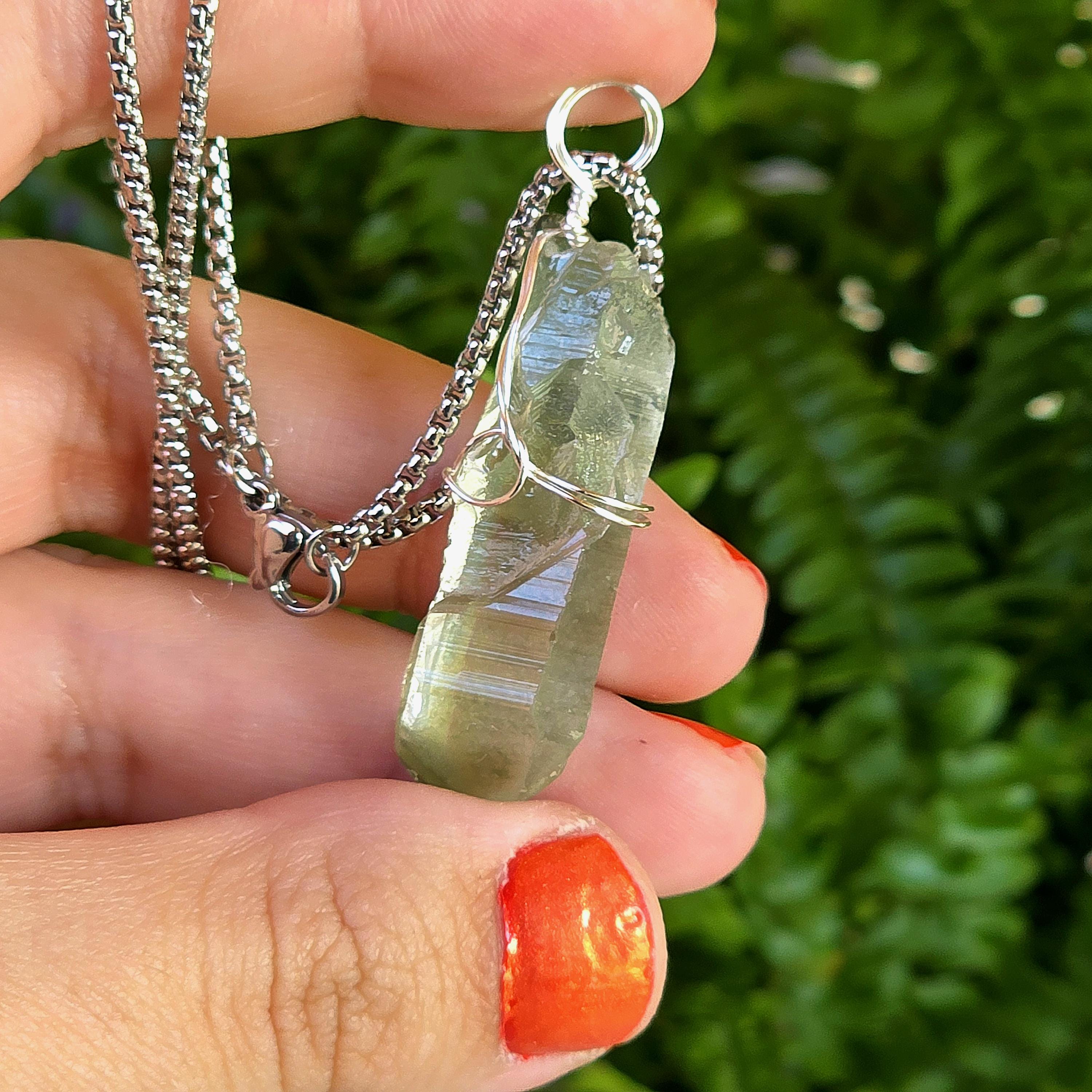 Himalayan Quartz Point Necklace | Chlorite Included Crystal | High Altitude Quartz Pendant | Stainless Steel Chain Jewelry