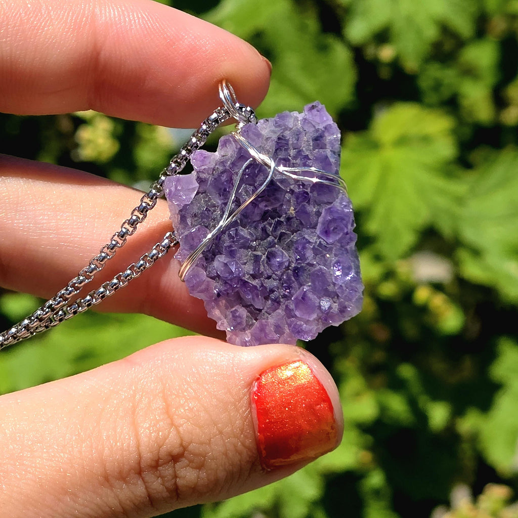 Amethyst Crystal Necklace | Natural Geode Pendant | Stainless Steel Jewelry Gift