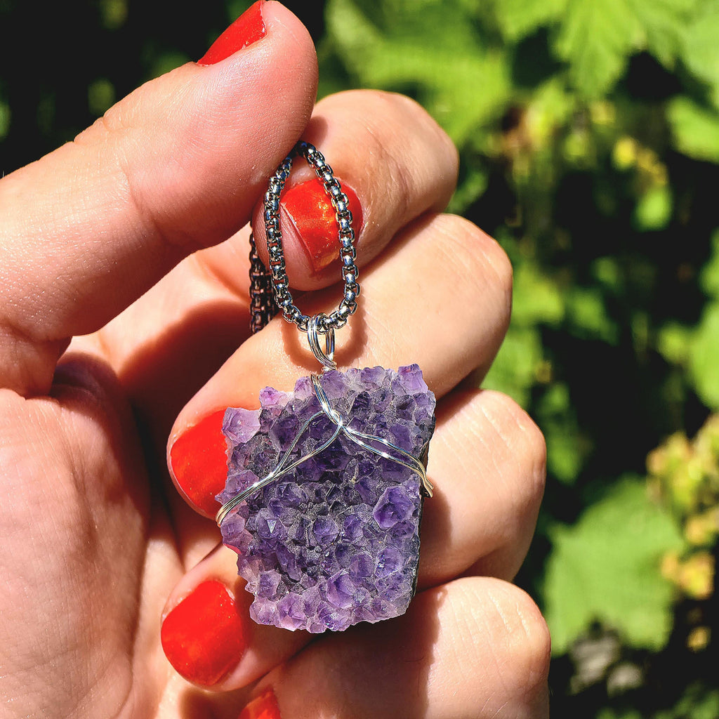 Amethyst Crystal Necklace | Natural Geode Pendant | Stainless Steel Jewelry Gift