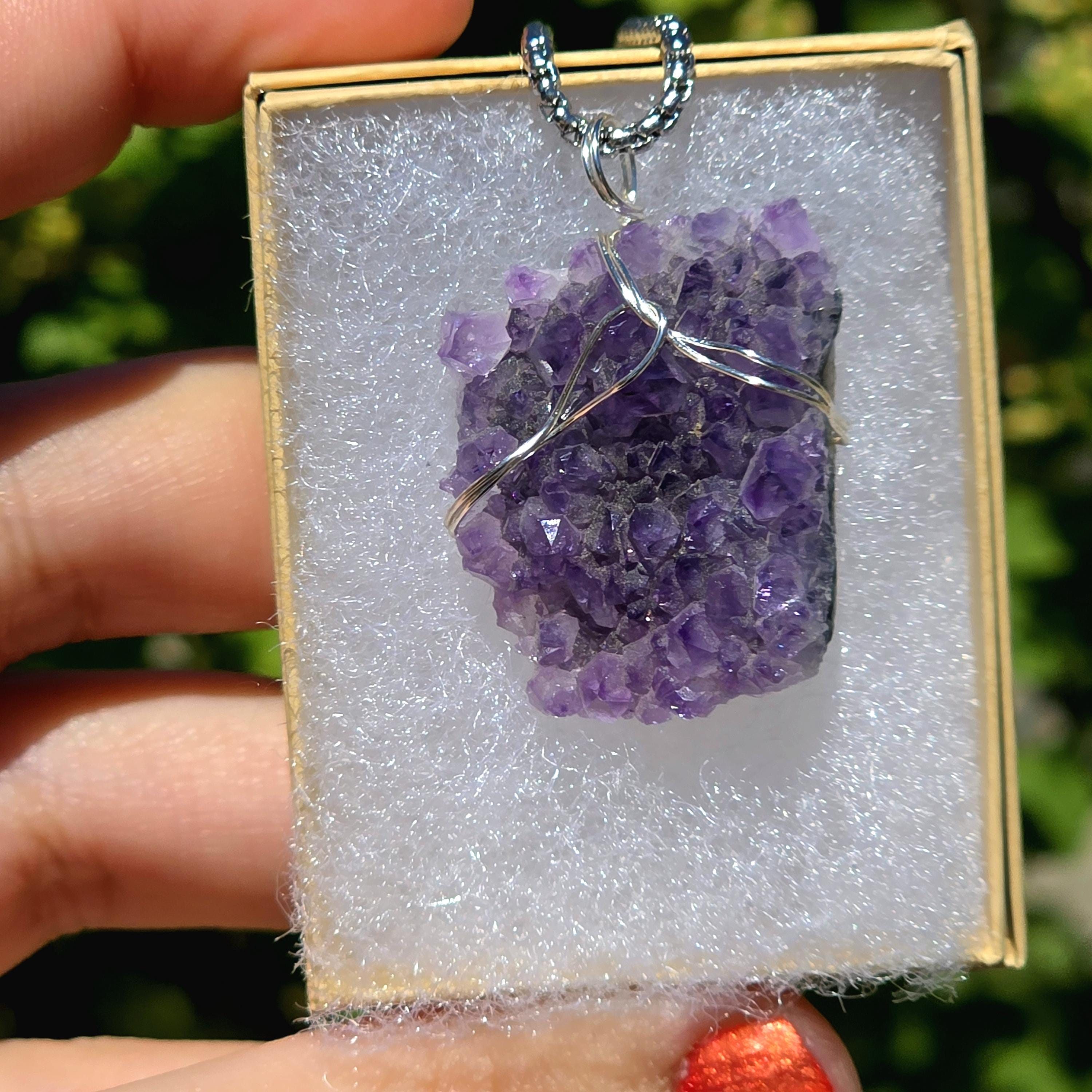 Amethyst Crystal Necklace | Natural Geode Pendant | Stainless Steel Jewelry Gift