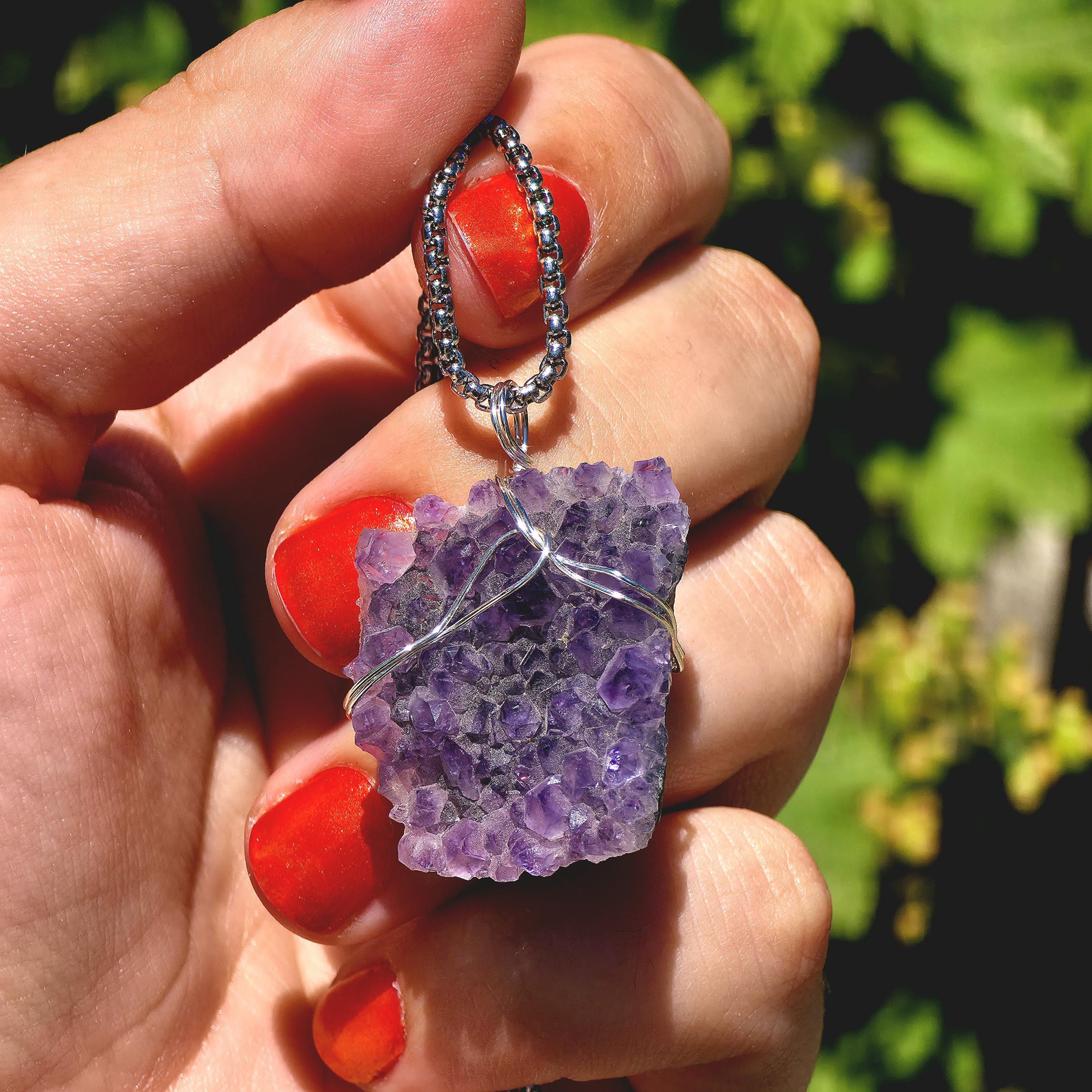 Amethyst Crystal Necklace | Natural Geode Pendant | Stainless Steel Jewelry Gift