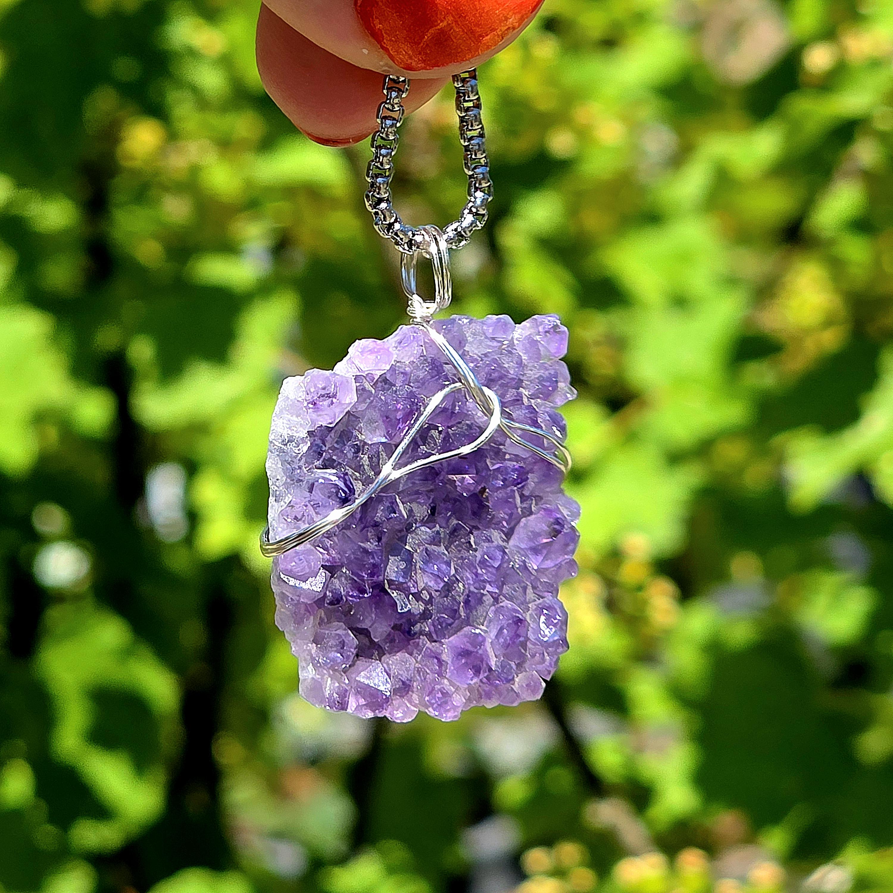 Amethyst Crystal Necklace | Natural Geode Pendant | Stainless Steel Jewelry Gift